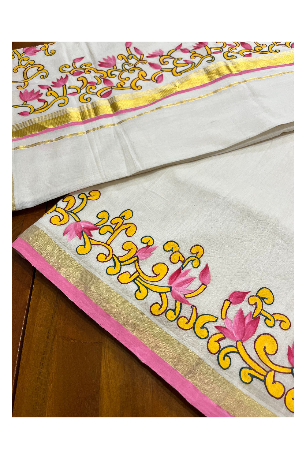 Southloom Premium Balaramapuram Unakkupaavu Handloom Saree with Pink Lotus Motifs Handpainted on Borders