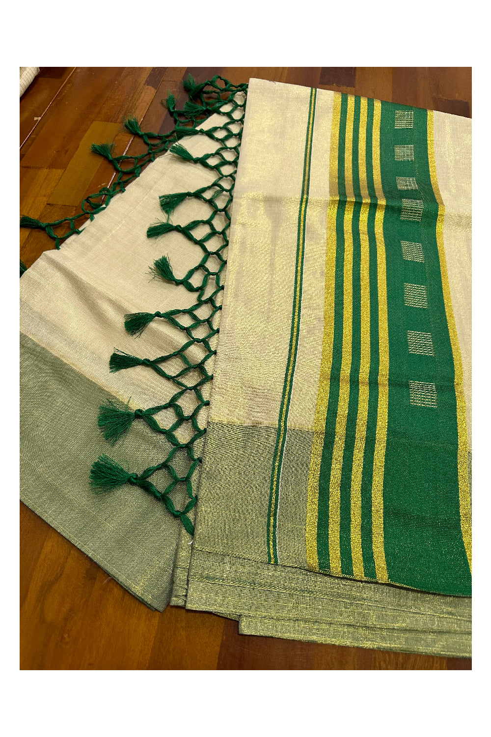 Kerala Tissue Saree with Kasavu Green Border and Tassels Works on Pallu (Onam Saree 2023)