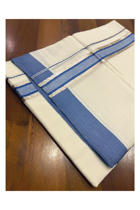 Pure White Cotton Double Mundu with Blue and Silver Kasavu Border (South Indian Kerala Dhoti)