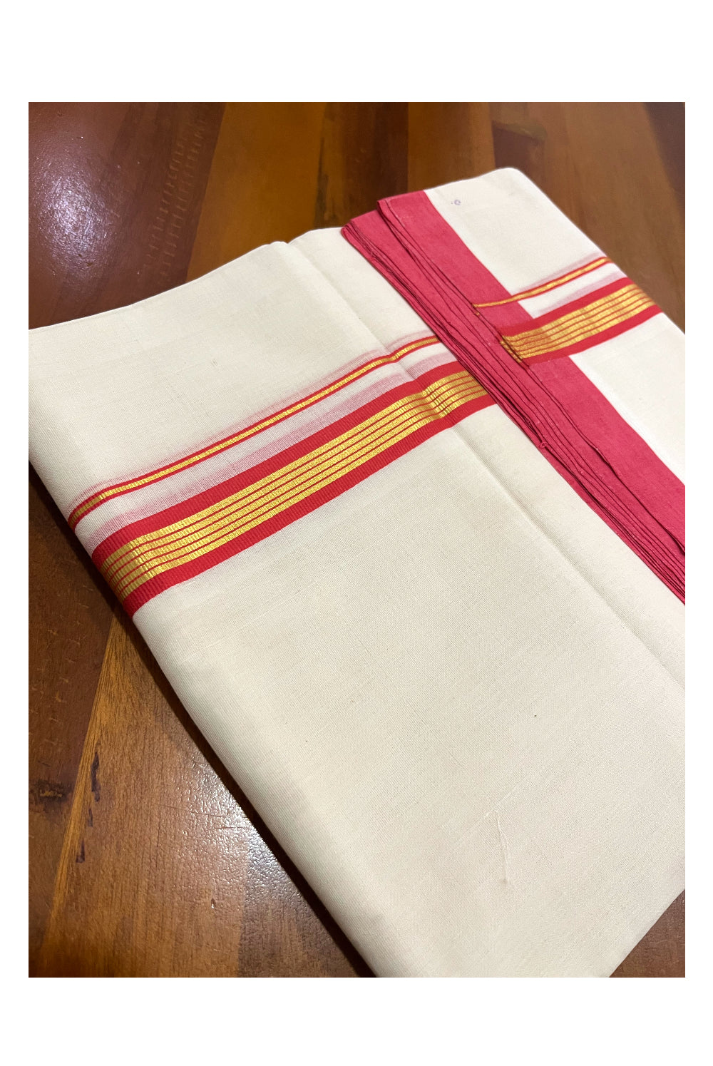 Premium Balaramapuram Unakkupaavu Handloom 10 Muzham Mundu with Kasavu and Red Border (South Indian Kerala Dhoti)