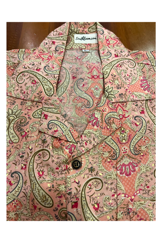 Southloom Jaipur Cotton Pink Hand Block Printed Cuban Collar Shirt (Half Sleeves)