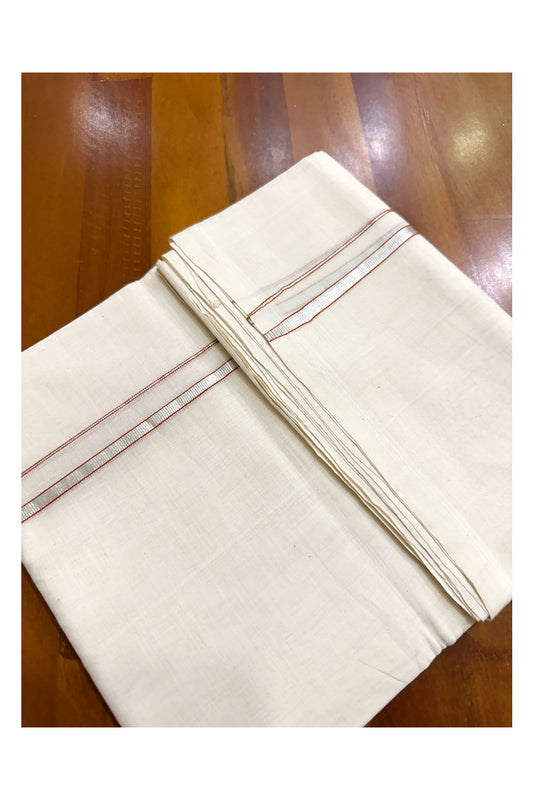 Premium Balaramapuram Handloom Unakkupaavu 0.5 inch Double Mundu with Silver Kasavu and Saffron Kara