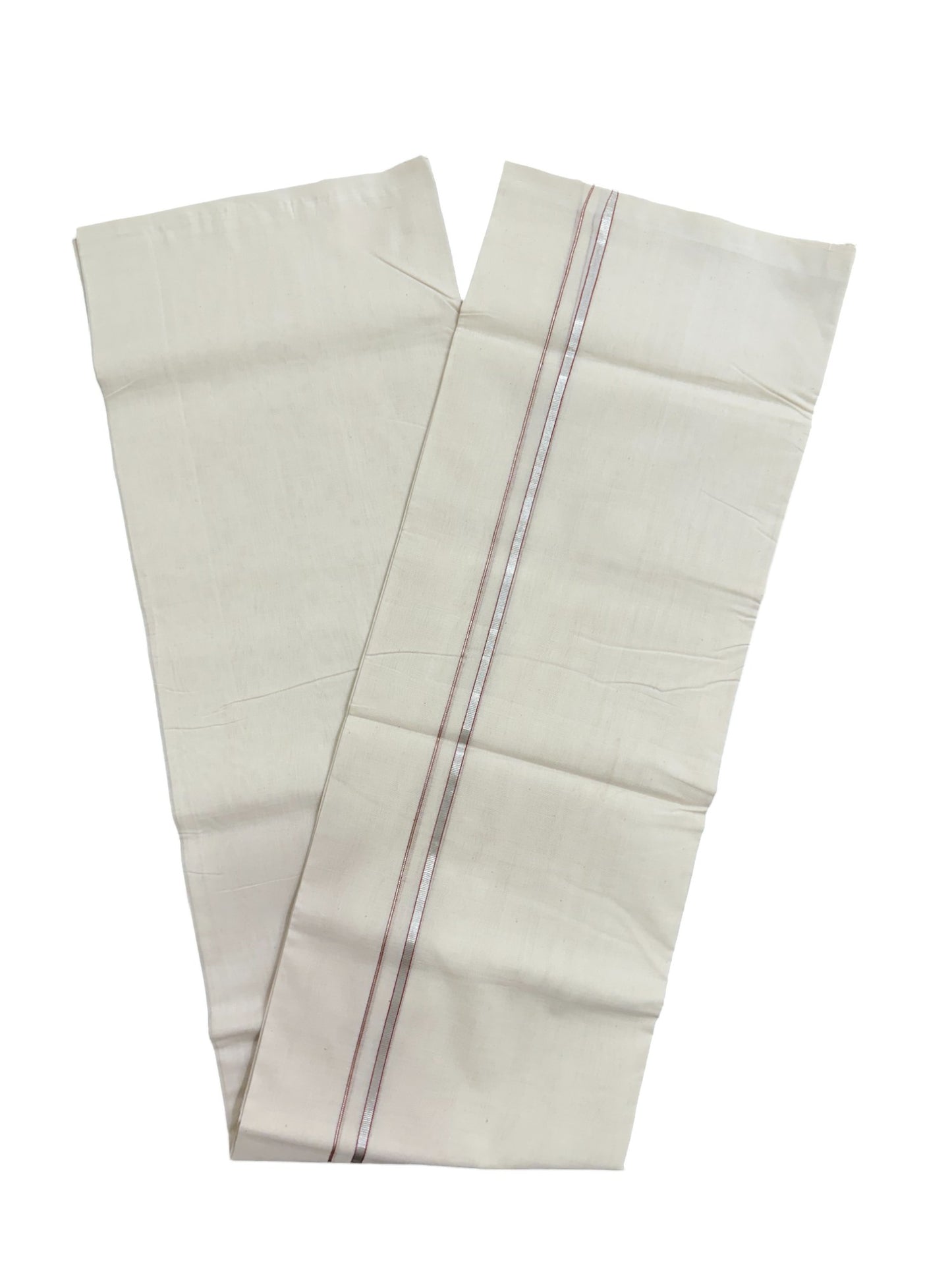 Premium Balaramapuram Handloom Unakkupaavu 0.5 inch Double Mundu with Silver Kasavu and Saffron Kara