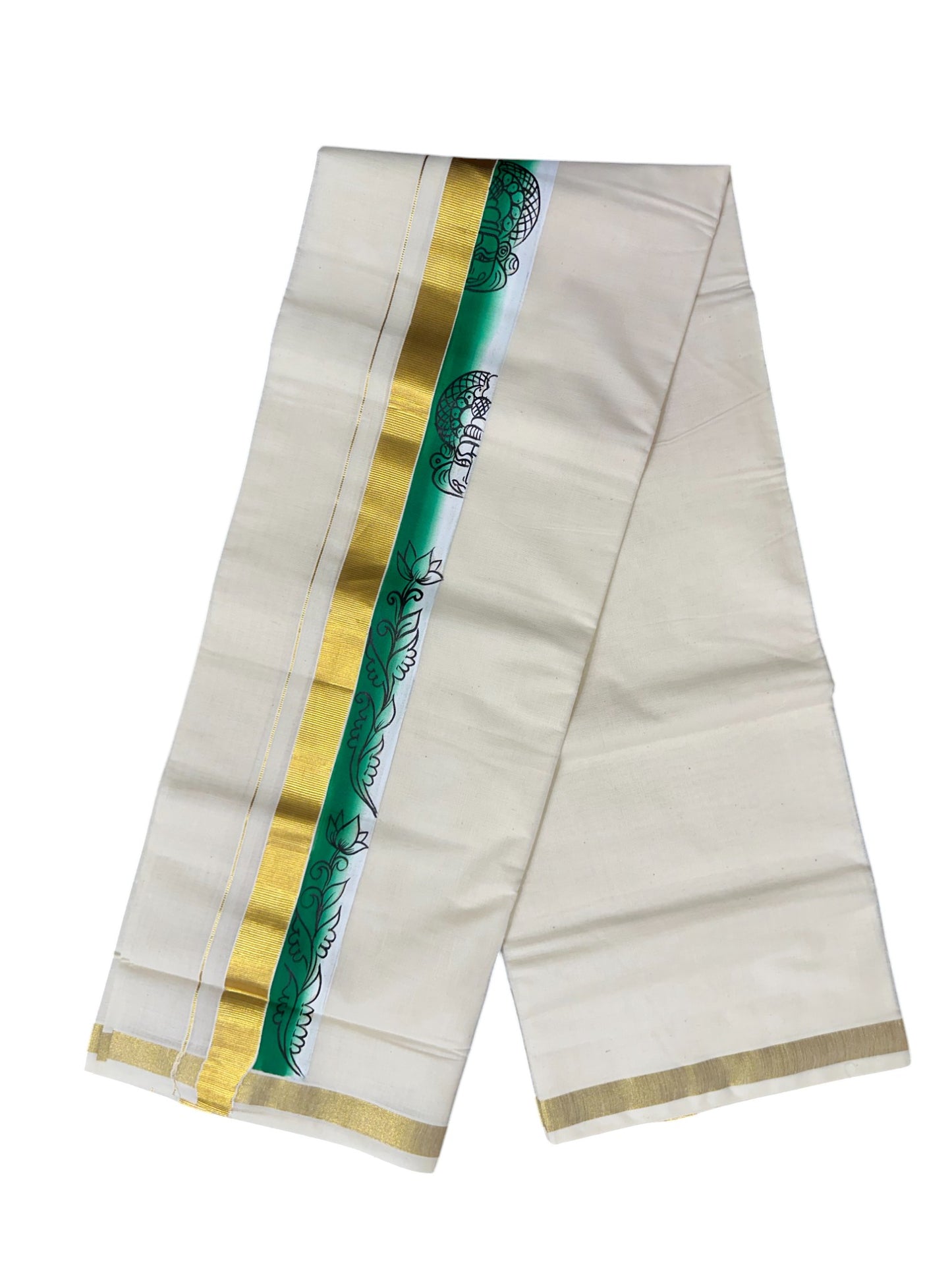 Kerala Pure Cotton Double Mundu with Hand Painted Designs on Kasavu Border(South Indian Kerala Dhoti)