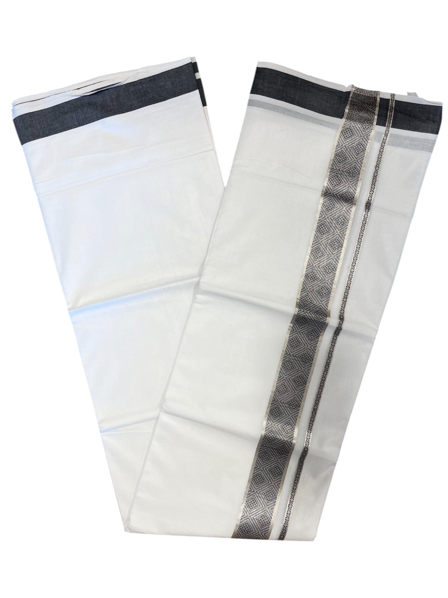 Pure White Cotton Double Mundu with Silver Kasavu and Black Woven Border