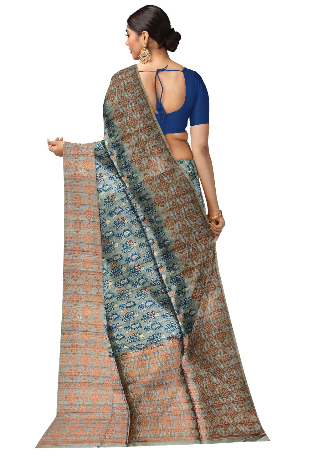 Southloom Semi Tussar Blue Floral Woven Designer Saree with Copper Border