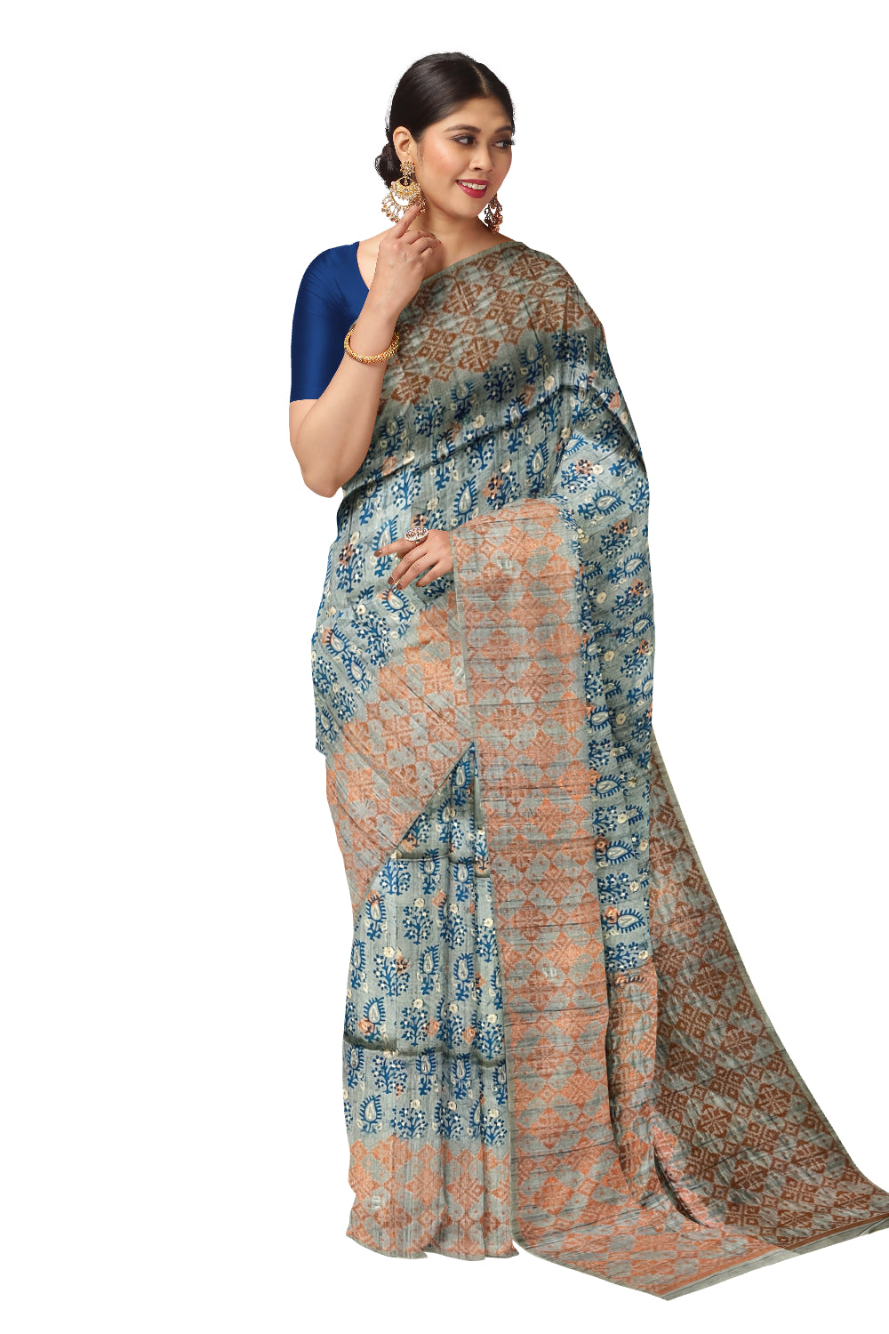 Southloom Semi Tussar Blue Floral Woven Designer Saree with Copper Border