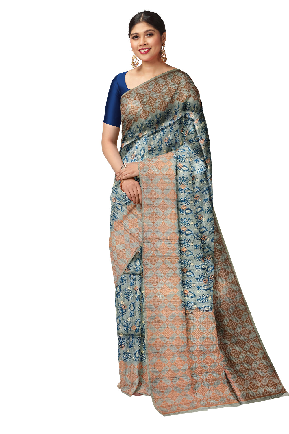 Southloom Semi Tussar Blue Floral Woven Designer Saree with Copper Border