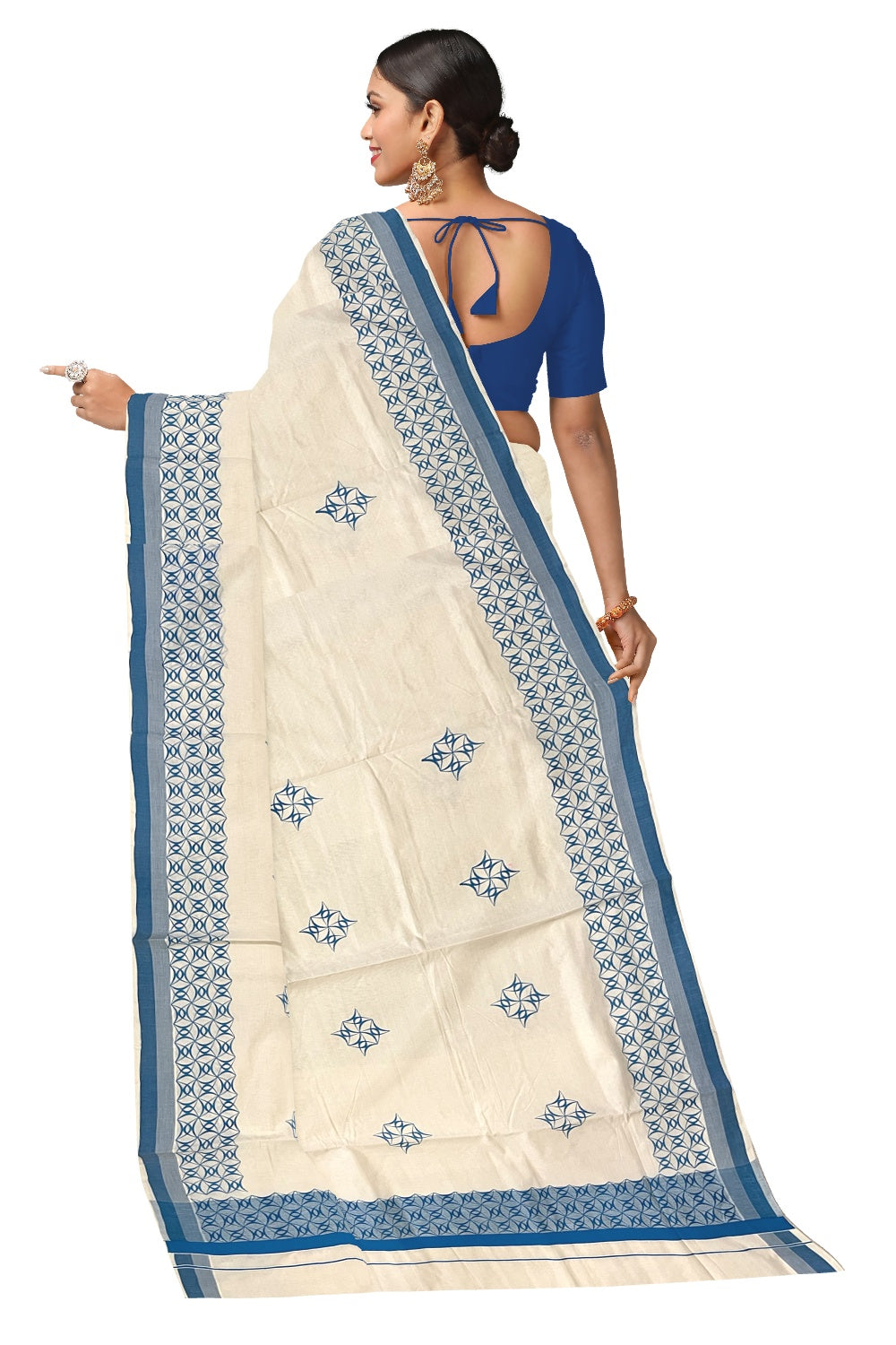 Pure Cotton Off White Kerala Saree with Blue Block Printed Border (Onam Saree 2023)