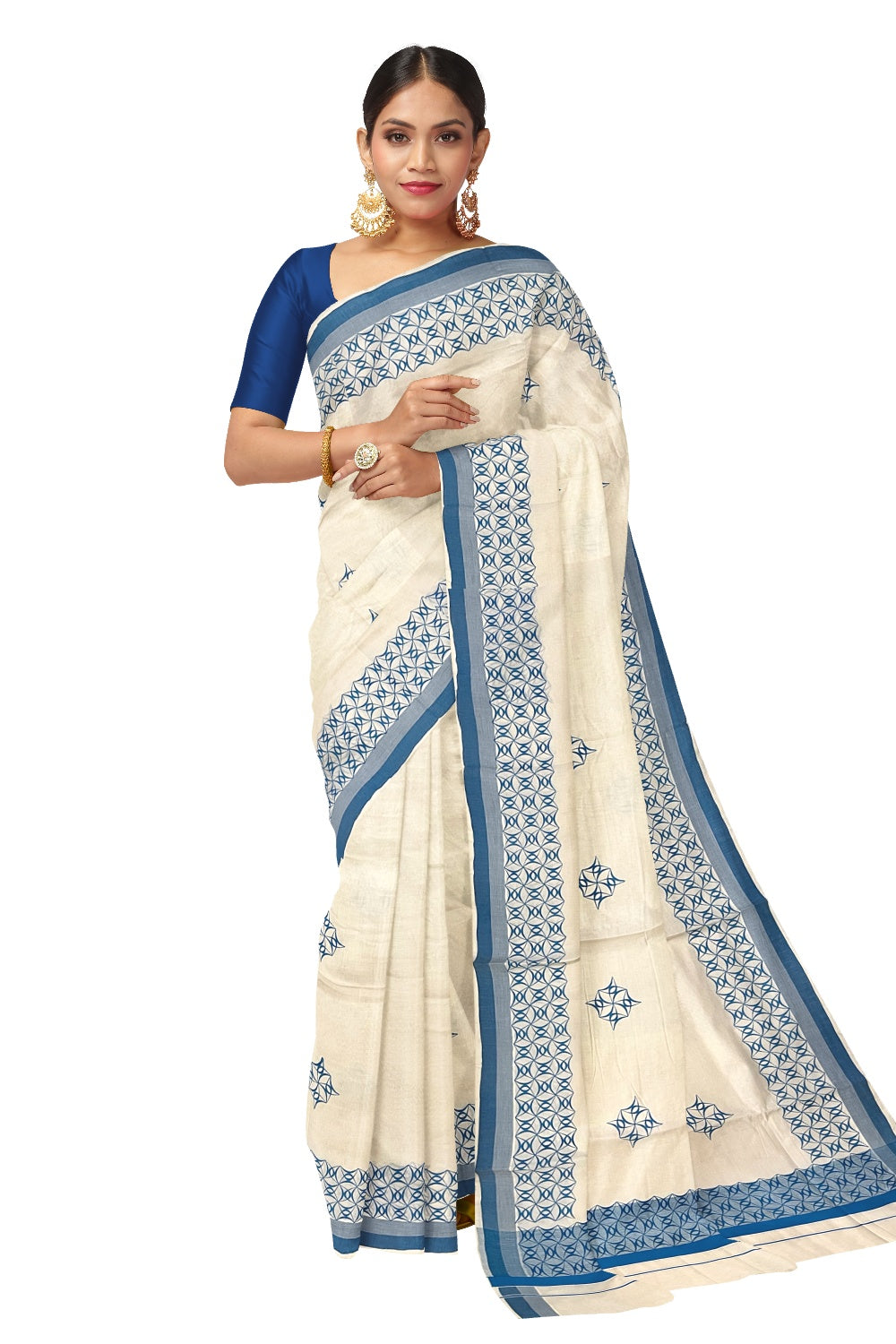 Pure Cotton Off White Kerala Saree with Blue Block Printed Border (Onam Saree 2023)