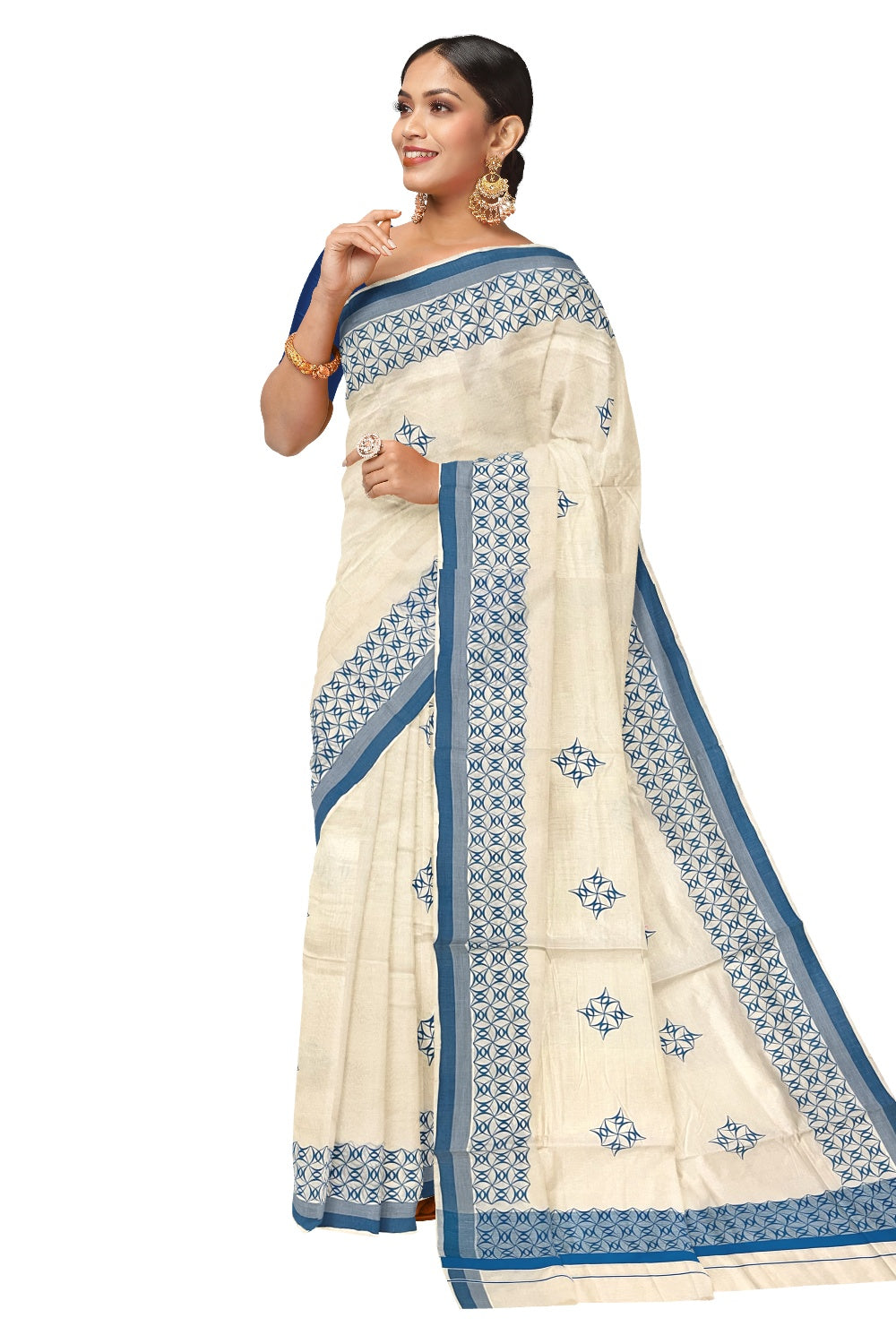 Pure Cotton Off White Kerala Saree with Blue Block Printed Border (Onam Saree 2023)