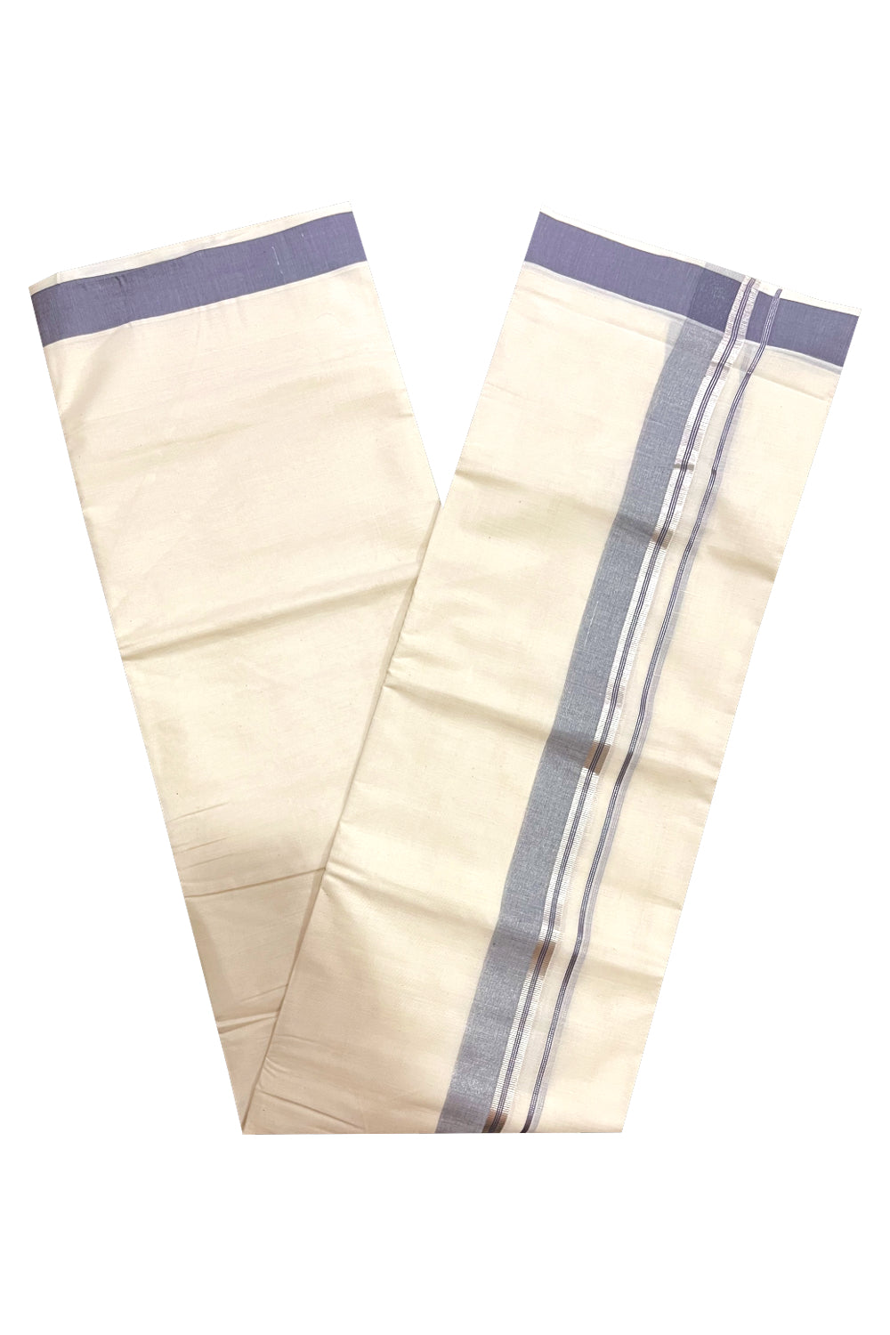 Kerala Cotton Double Mundu with Grey and Silver Kasavu Border (Onam Mundu 2023)