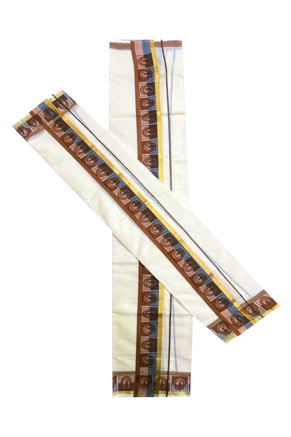 Kerala Cotton Kasavu Single Set Mundu (Mundum Neriyathum) with Blue and Brown Kara and Block Prints