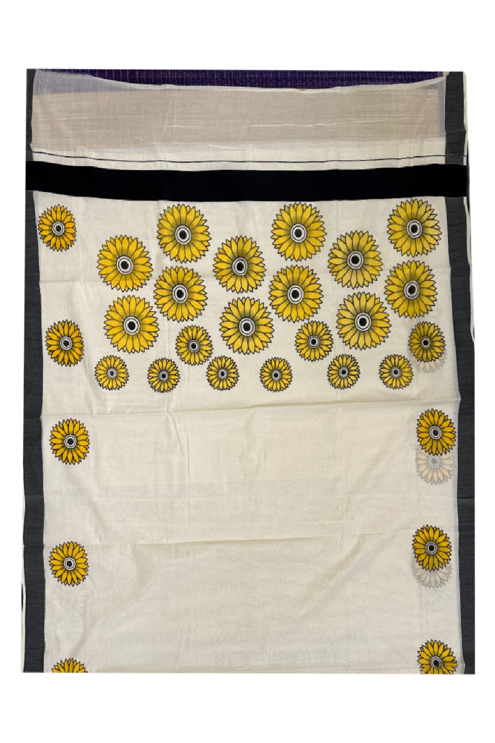 Kerala Cotton Saree with Sunflower Prints on Body and Black Border (Onam Saree 2023)