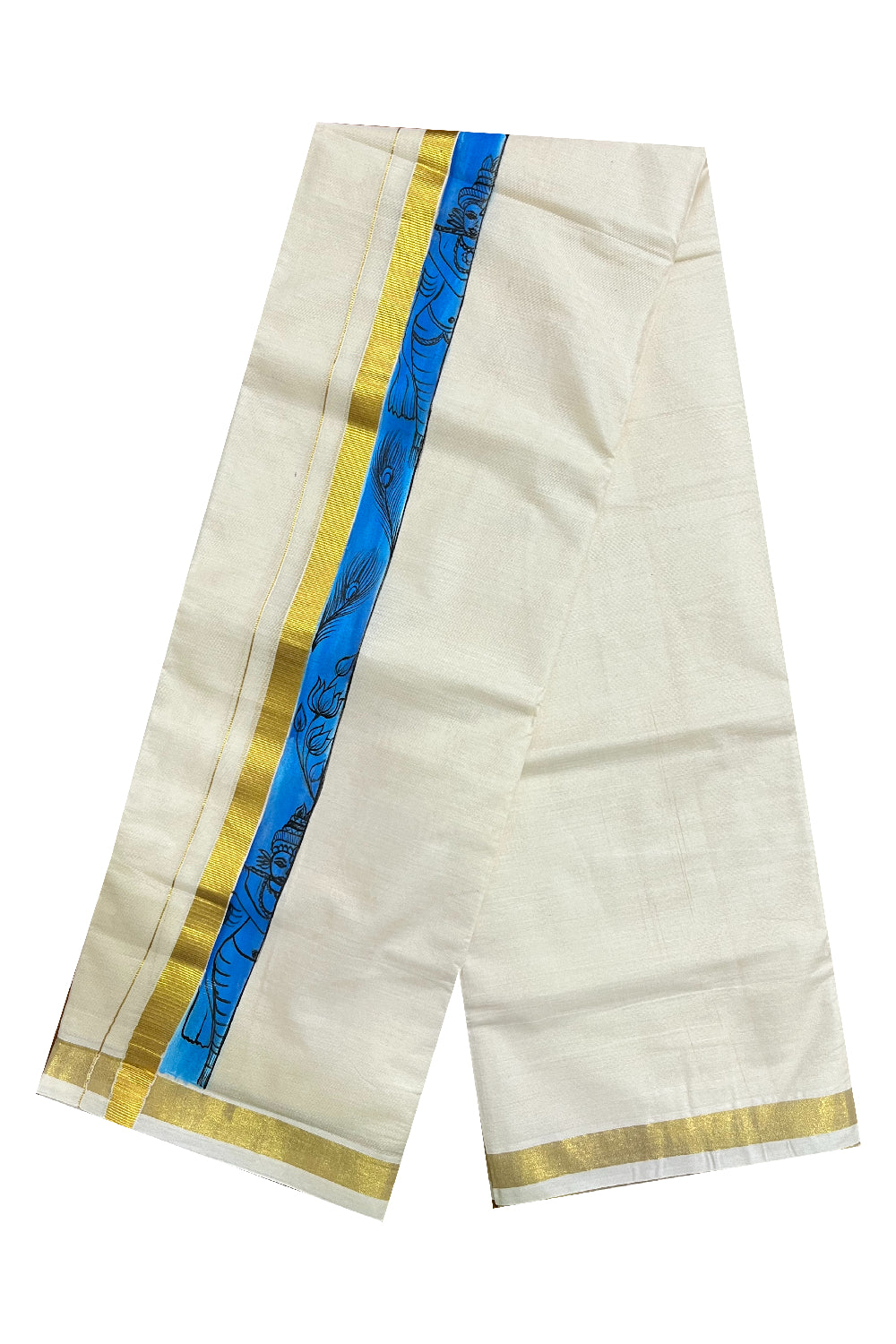 Kerala Pure Cotton Double Mundu with Hand Painted Designs on Kasavu Border(South Indian Kerala Dhoti)