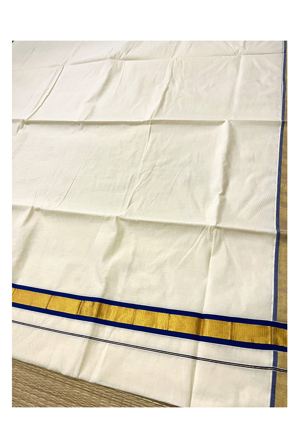 Pure Cotton Kerala Plain Saree with Kasavu and Blue Border