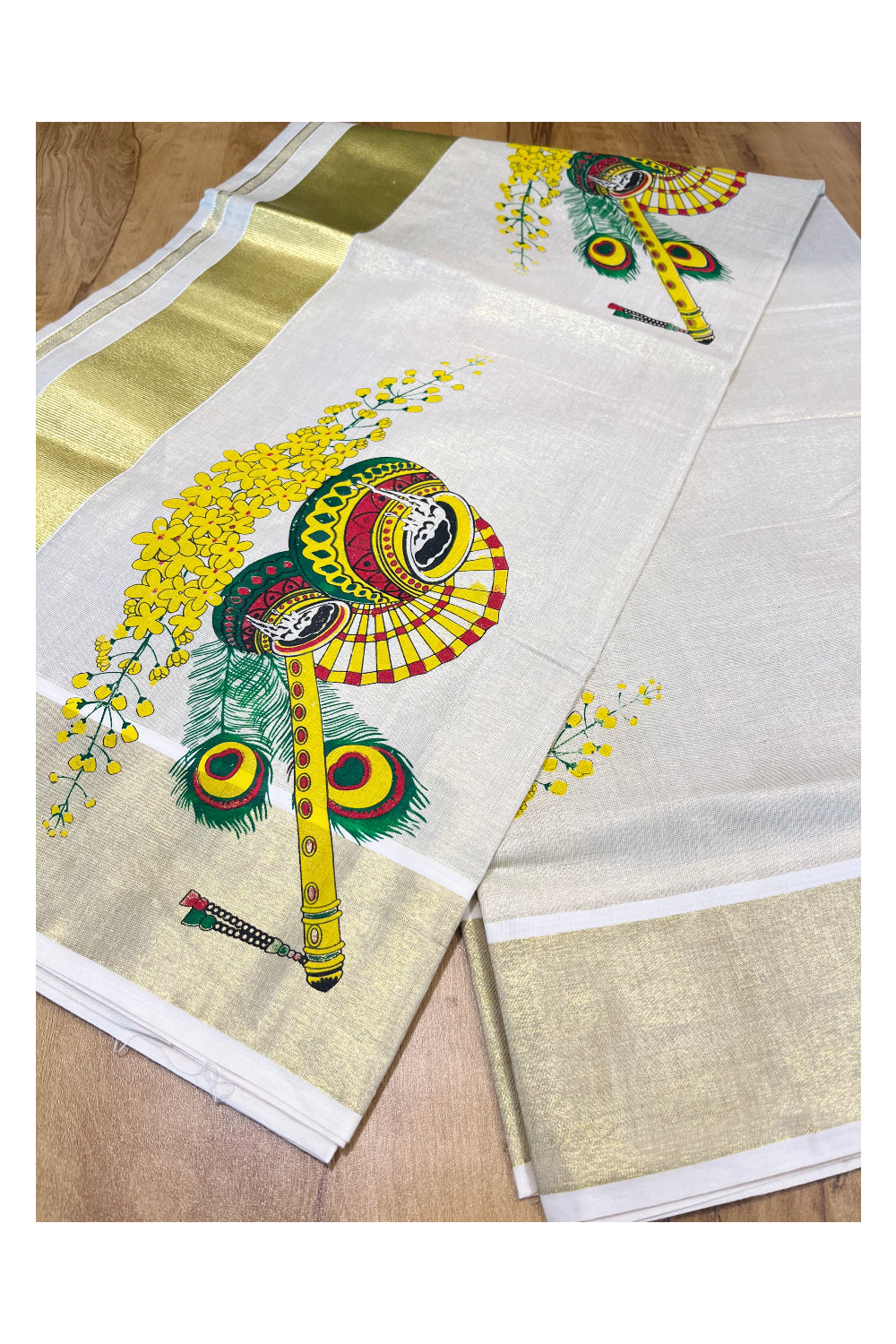 Kerala Tissue Kasavu Saree with Peacock Feather and Flute Mural Printed Designs