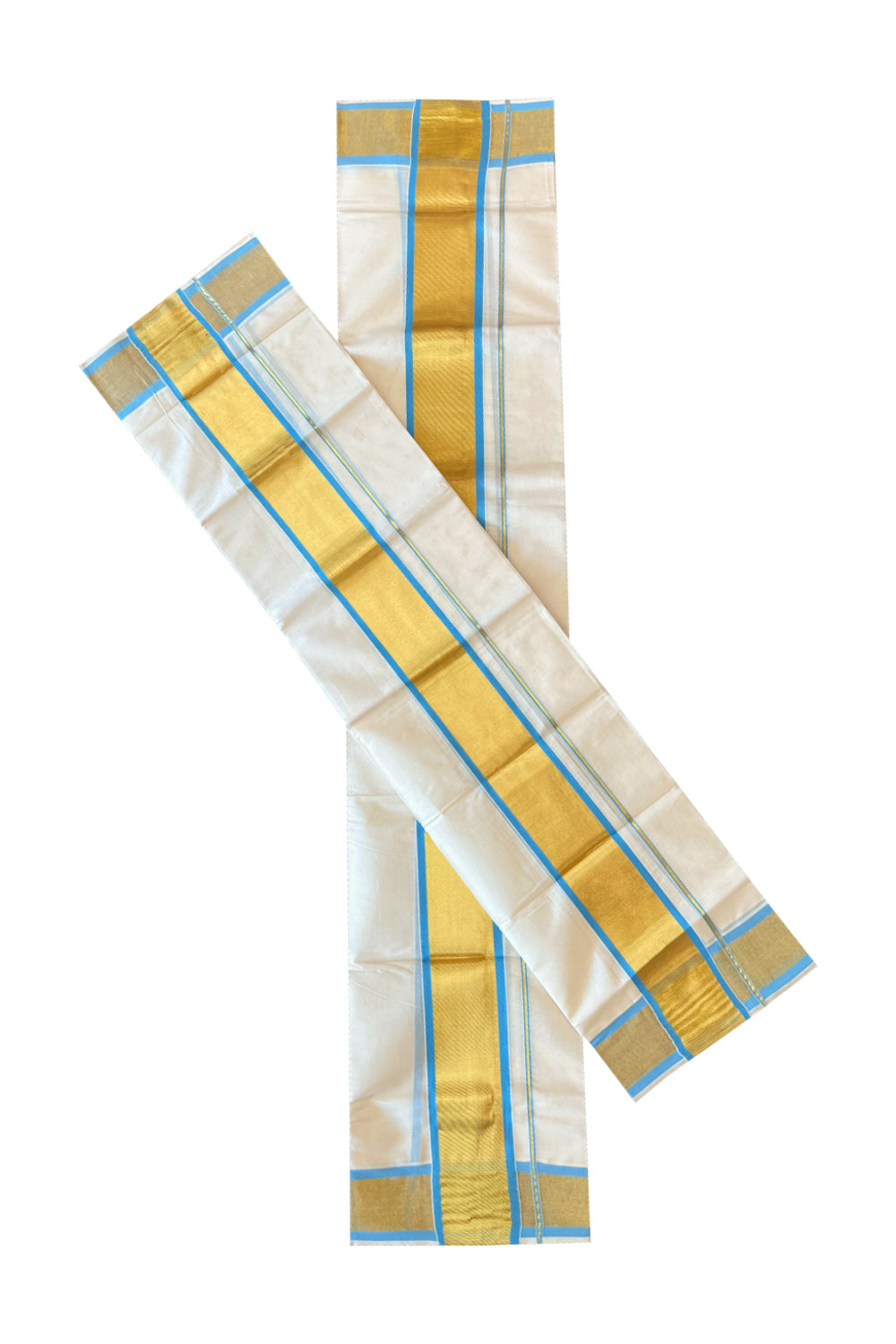 Cotton Mundum Neriyathum Double (Set Mundu) with Blue and Kasavu Border