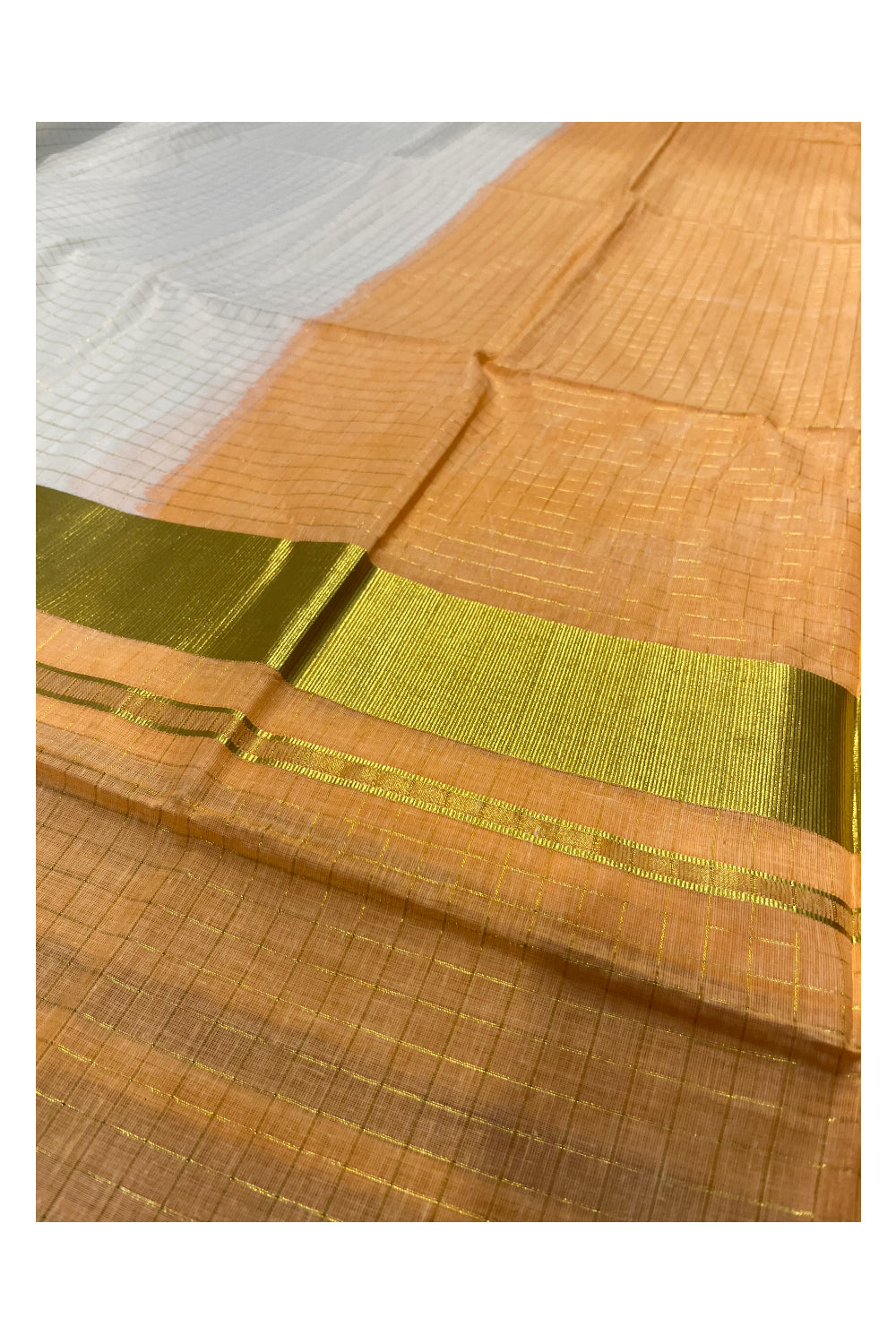 Southloom Cotton Tie & Dye - Half & Half Orange Design Saree with Kasavu Checks Across Body