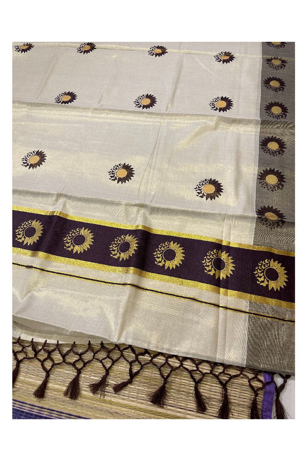 Kerala Tissue Kasavu Saree with Brown and Golden Block Prints on Border (Onam Saree 2023)