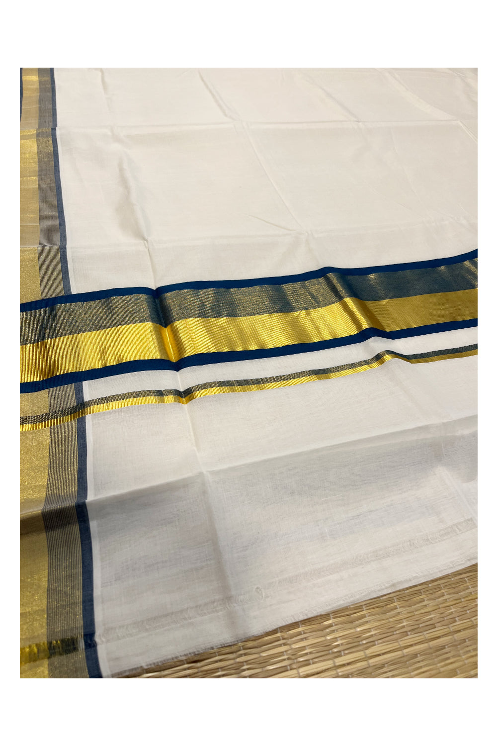 Southloom Premium Handloom Cotton Saree with Kasavu and Blue Border