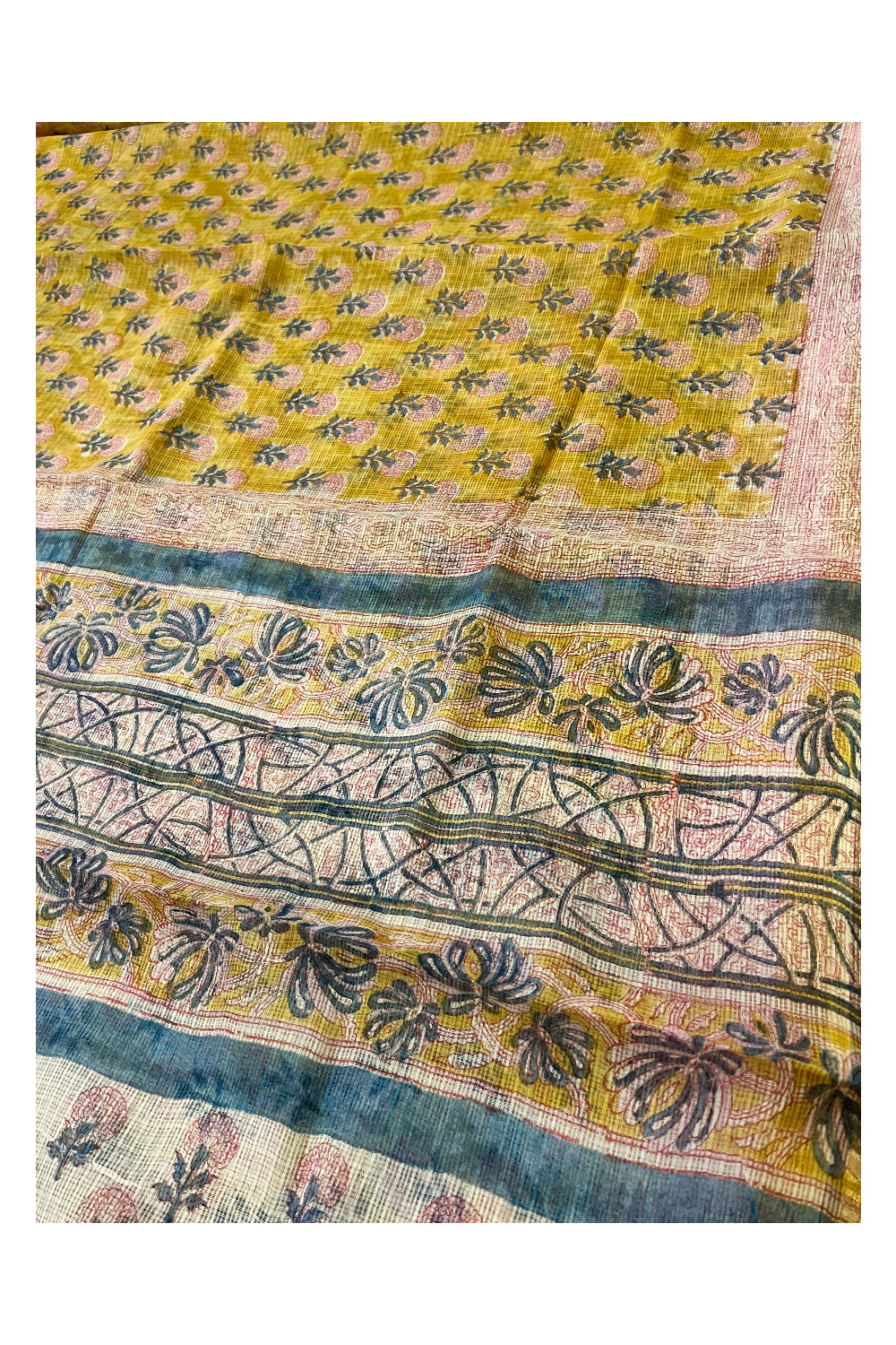 Southloom Kota Fabric Floral Printed Yellow Saree