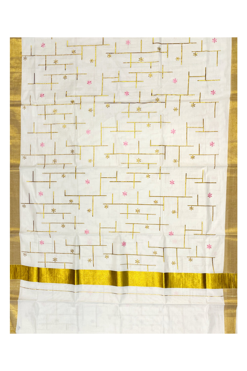 Southloom Kerala Cotton Kasavu Saree with Pink and Golden Floral Embroidery Designs