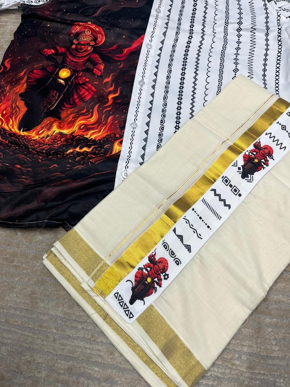 Southloom Premium Satin Theyyam Digital Printed Design Men's Combo  (Shirt + Mundu) SL576