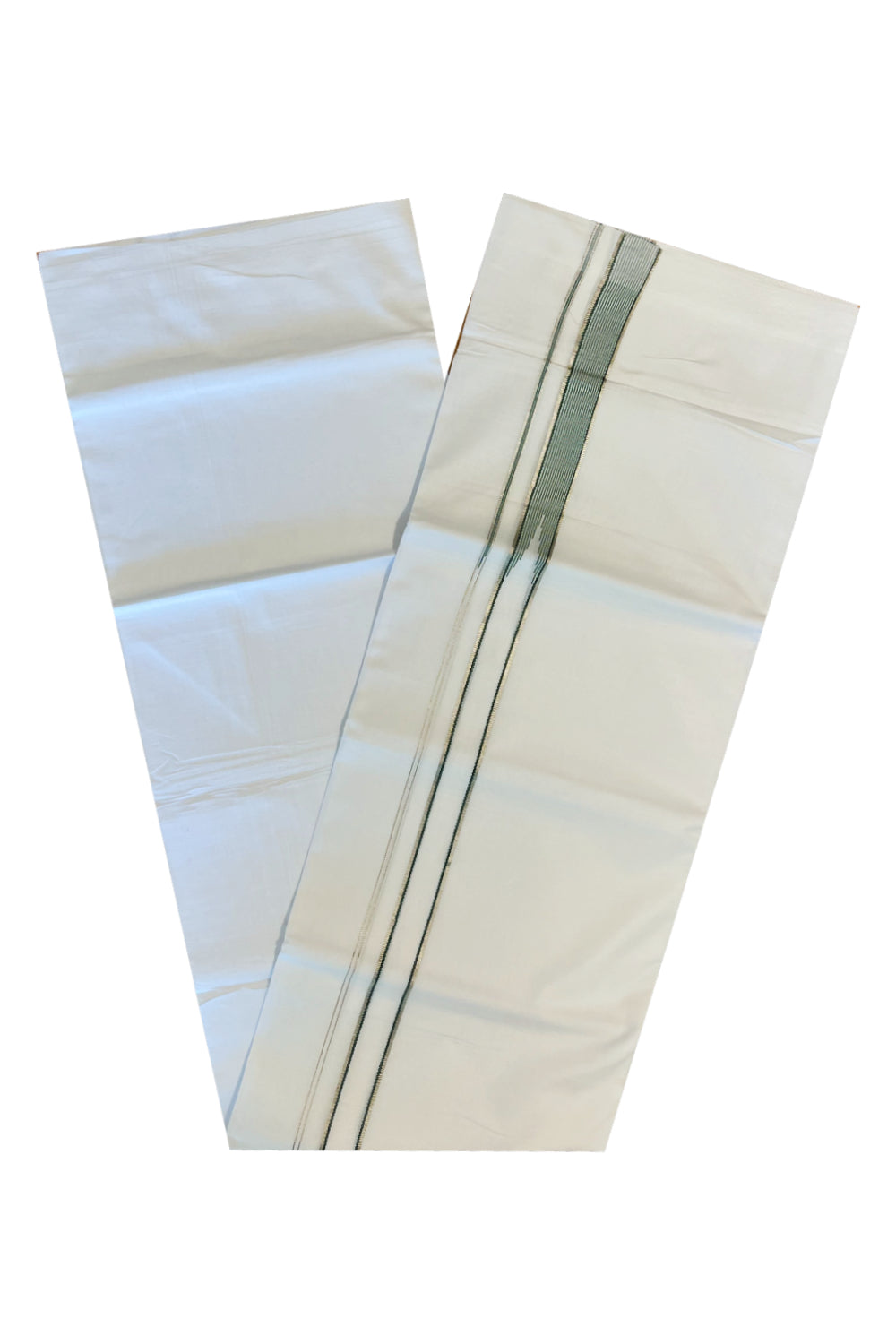 Pure White Cotton Double Mundu with Silver Green Chutti Kara (South Indian Kerala Dhoti)