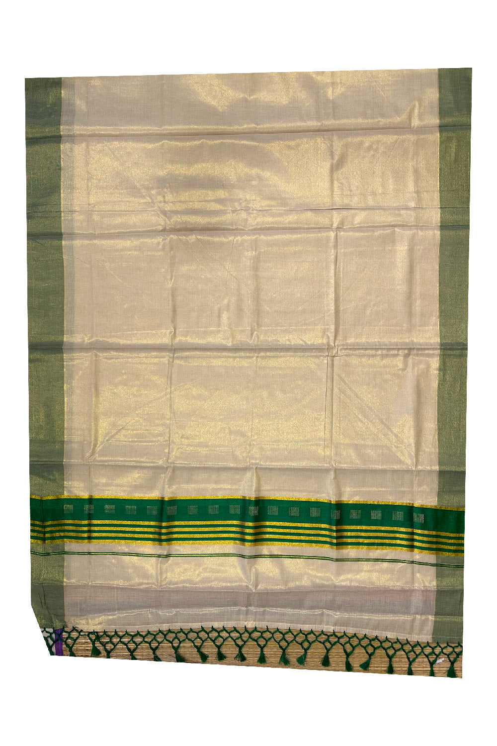 Kerala Tissue Saree with Kasavu Green Border and Tassels Works on Pallu (Onam Saree 2023)