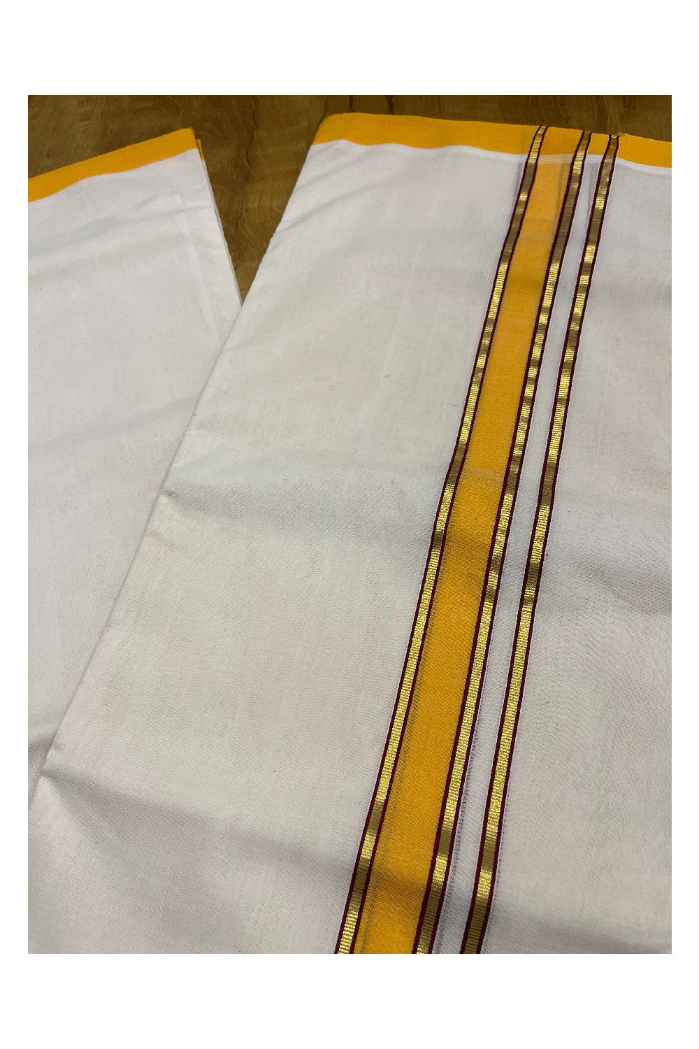 Premium Balaramapuram Handloom Unakkupaavu 1 inch Double Mundu with Kasavu and Bright Orange Kara