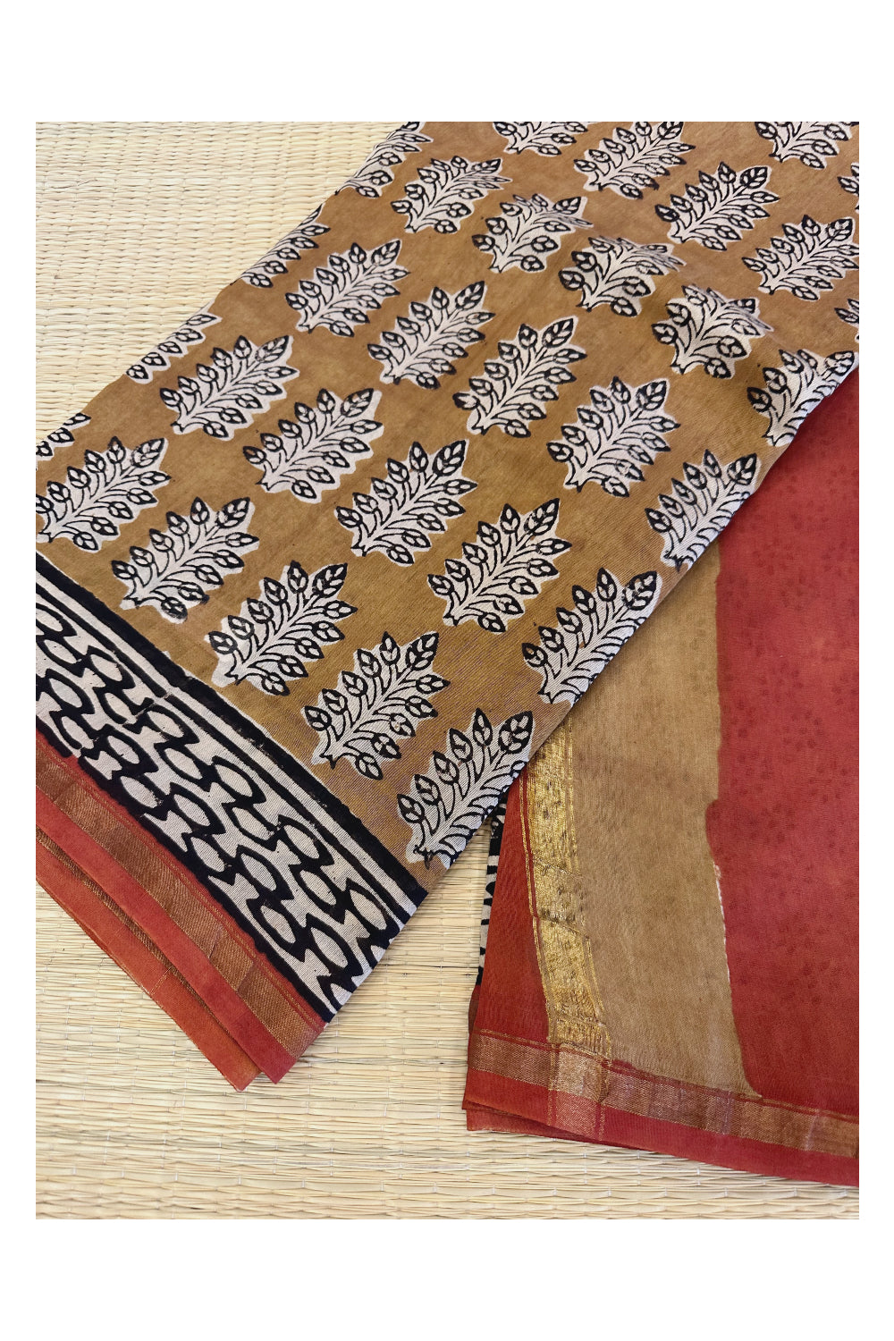 Southloom Chanderi Saree with Jaipur Hand Block Prints Across Body (Printed Blouse)