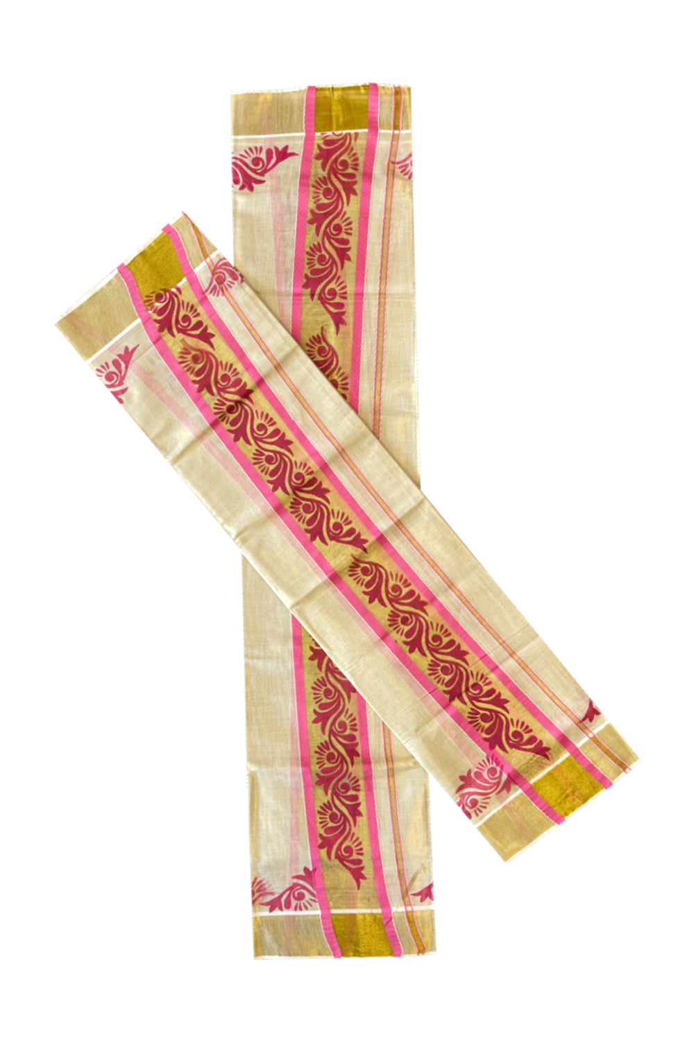 Kerala Tissue Set Mundu (Mundum Neriyathum) with Pink Floral Block Prints on Border 2.80 Mtrs