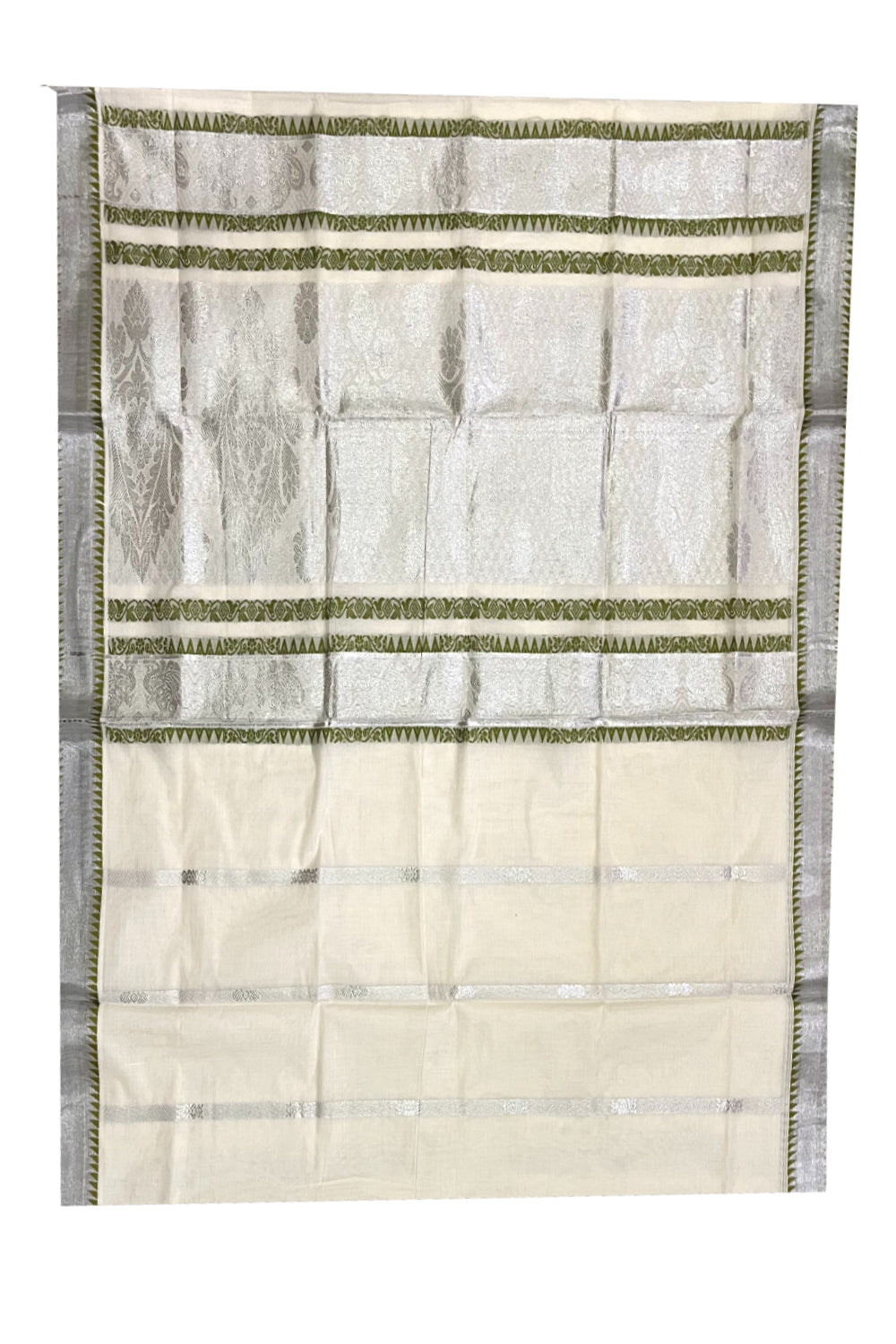 Kerala Silver Kasavu Heavy Woven Work Cotton Saree with Green Temple Border