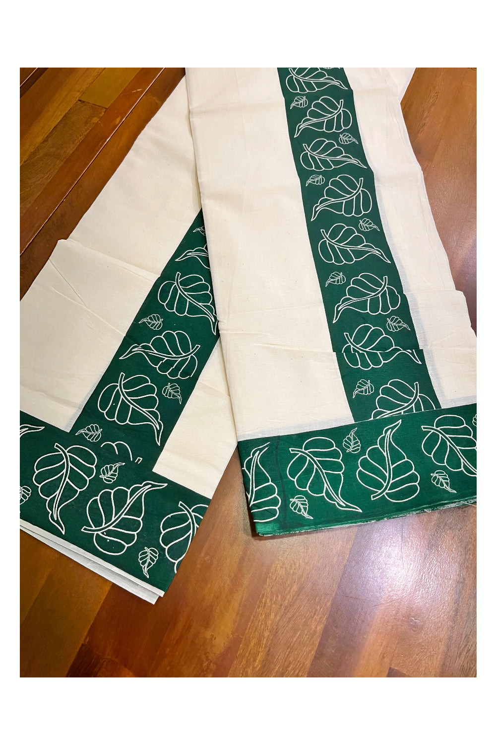 Kerala Cotton Set Mundu (Mundum Neriyathum) with Green Leaf Prints and Seperate Blouse Piece
