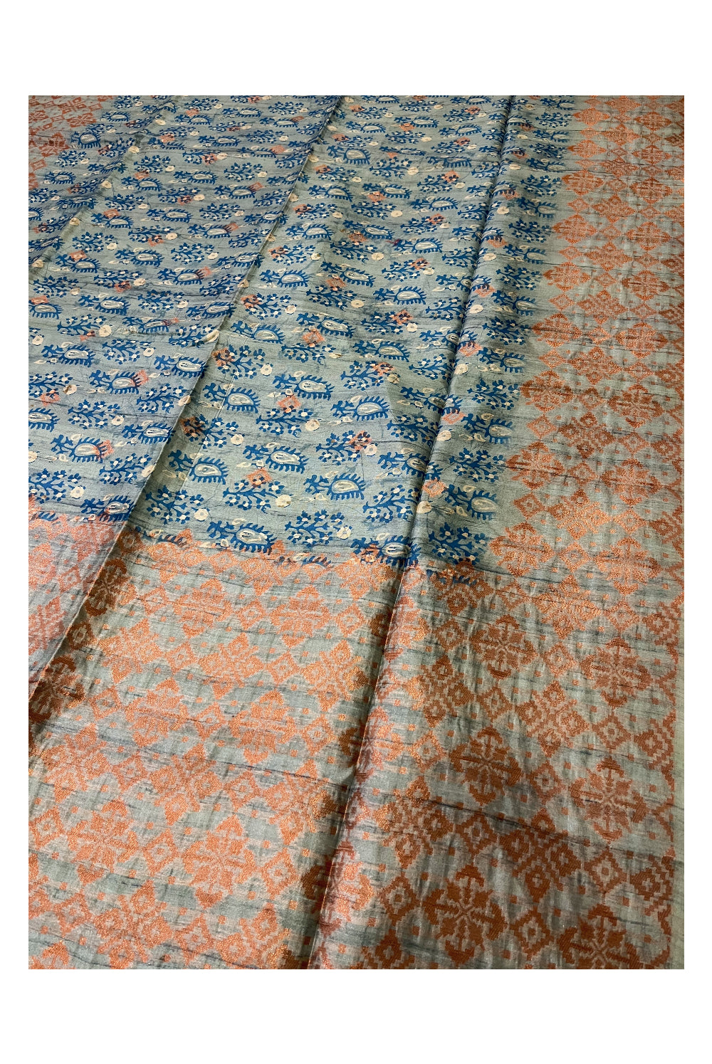 Southloom Semi Tussar Blue Floral Woven Designer Saree with Copper Border