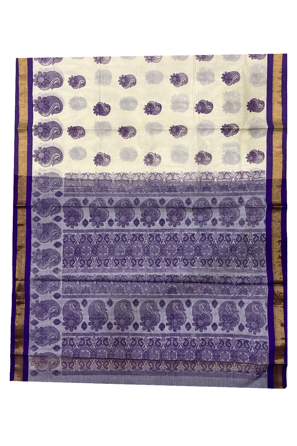 Pure Cotton Kerala Saree with Violet Block Prints and Kasavu Border (Vishu 2024 Collection)