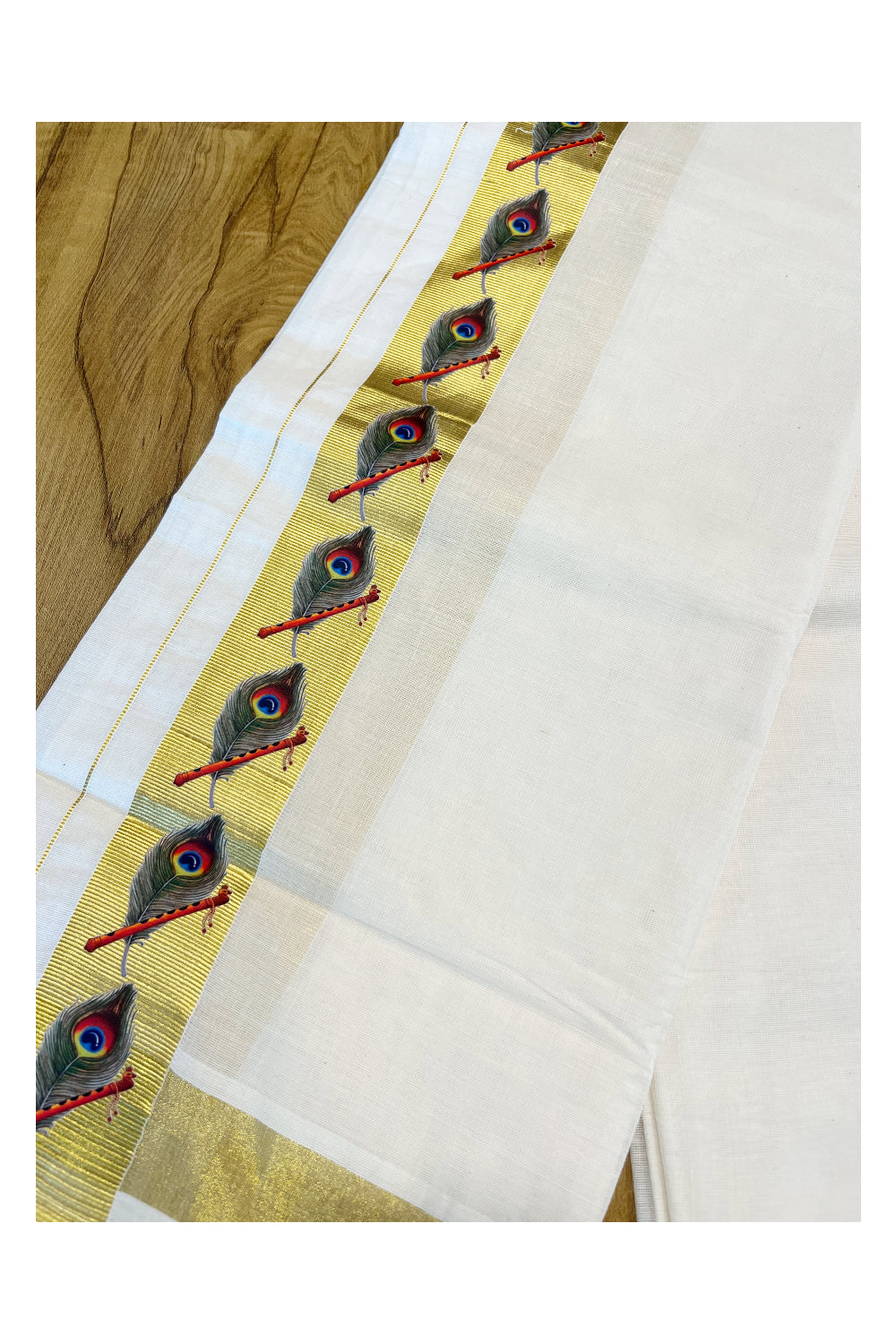 Kerala Pure Cotton Double Mundu with Feather and Flute Hand Painted Designs on Kasavu Border(South Indian Kerala Dhoti)