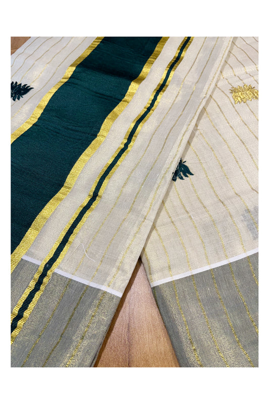 Kerala Tissue Kasavu Lines Saree with Green And Golden Lotus Embroidery Works