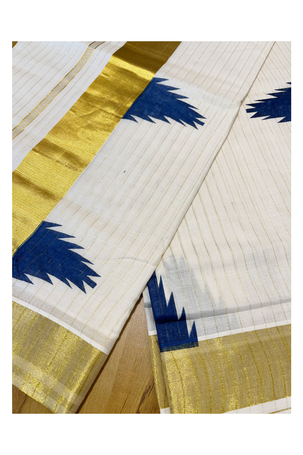 Kerala Cotton Kasavu Lines Saree With Blue Temple Prints on Border