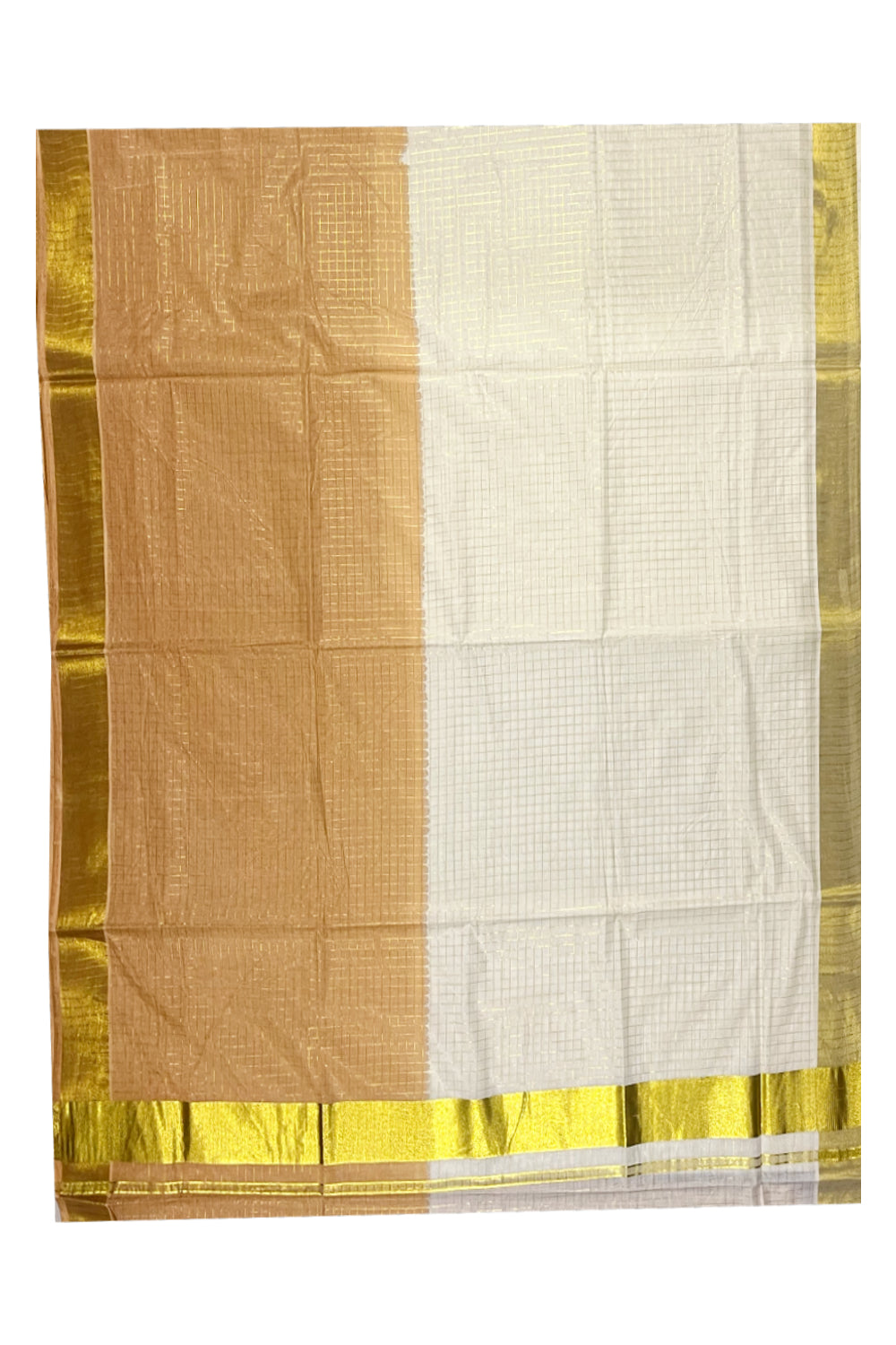 Southloom Cotton Tie & Dye - Half & Half Brownish Orange Design Saree with Kasavu Check Across Body