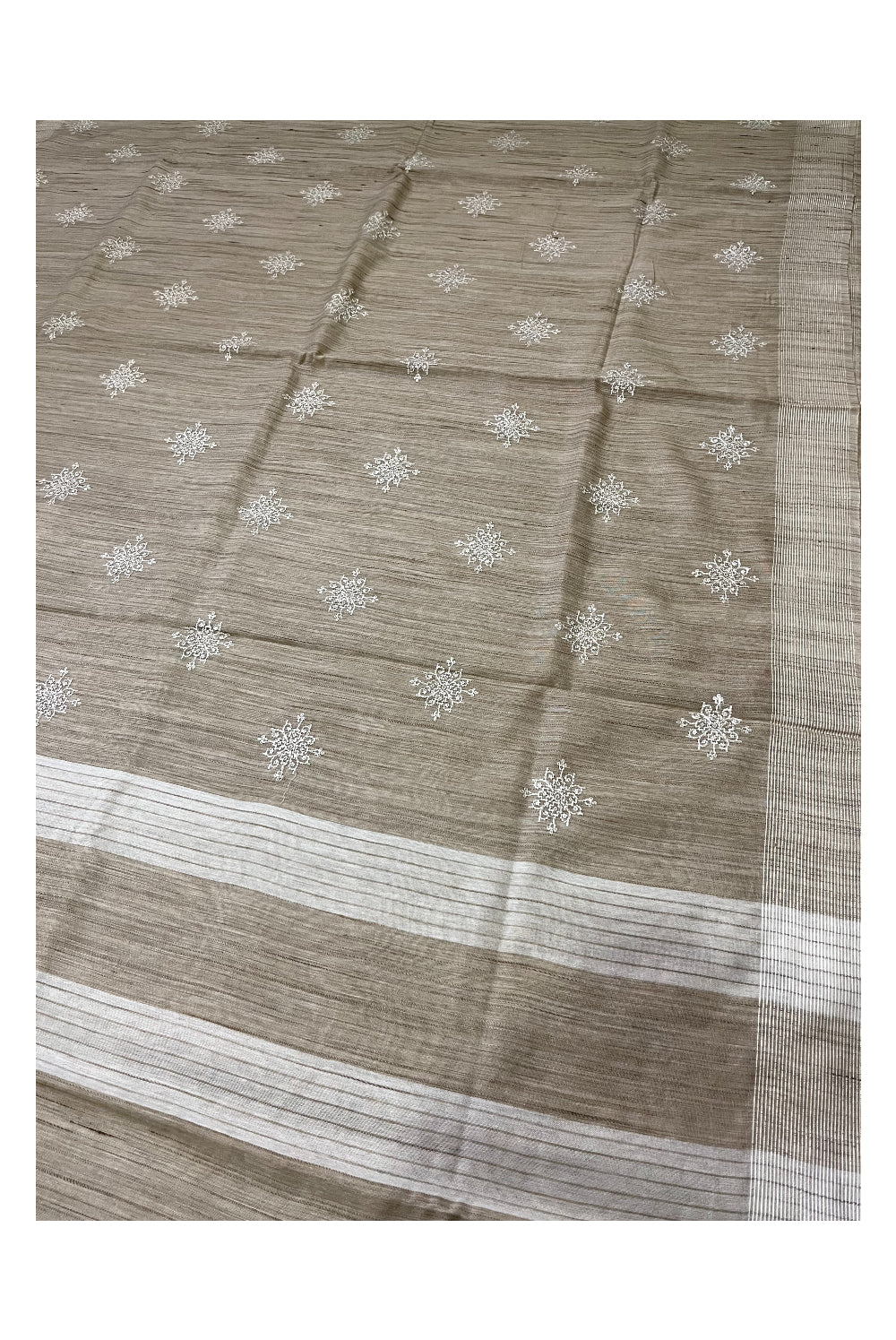 Southloom Cotton Light Brown Designer Saree with Floral Embroidery Work