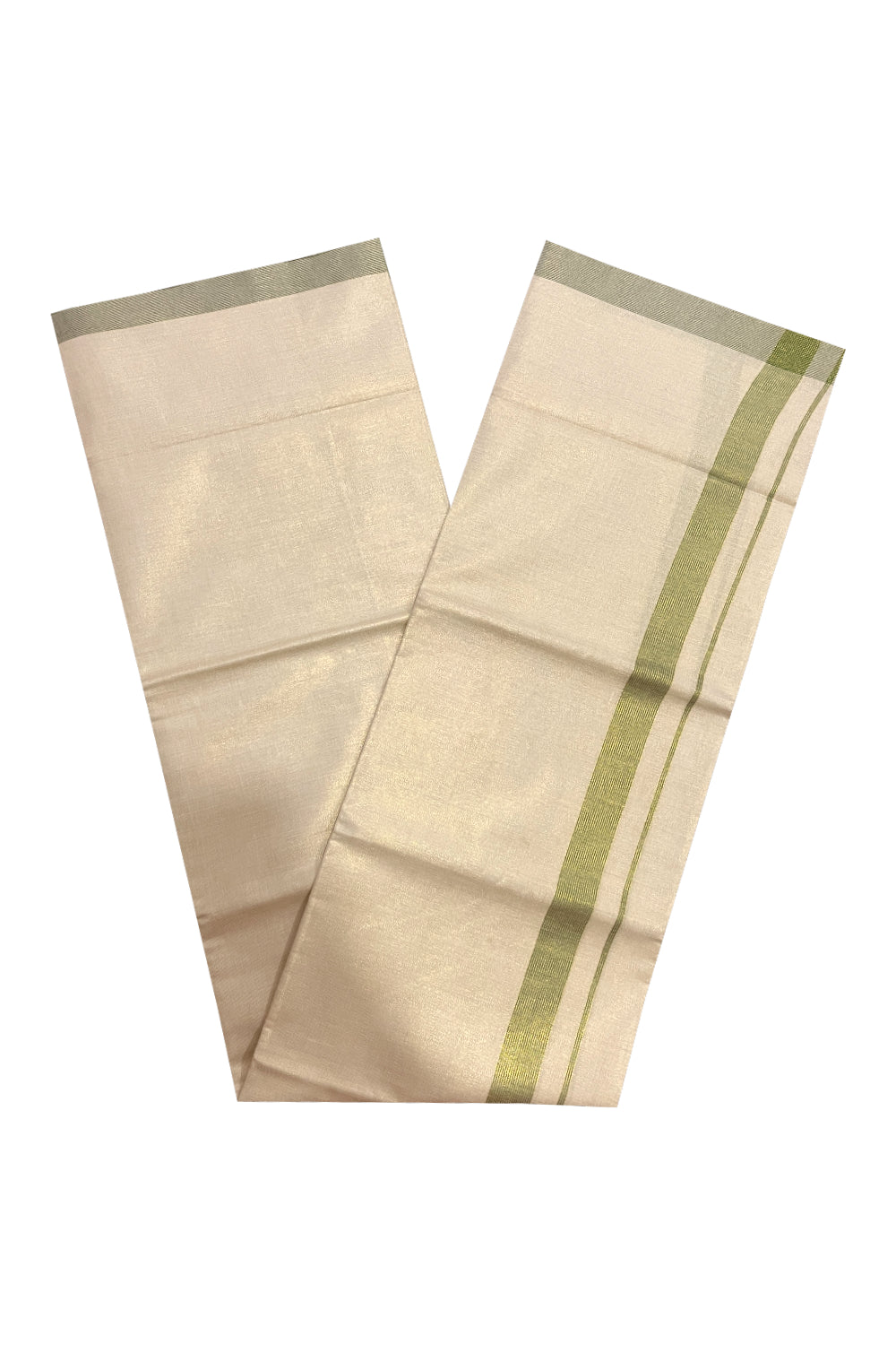 Kerala Tissue Otta Mundu with Green Lines Border (South Indian Kerala Dhoti)