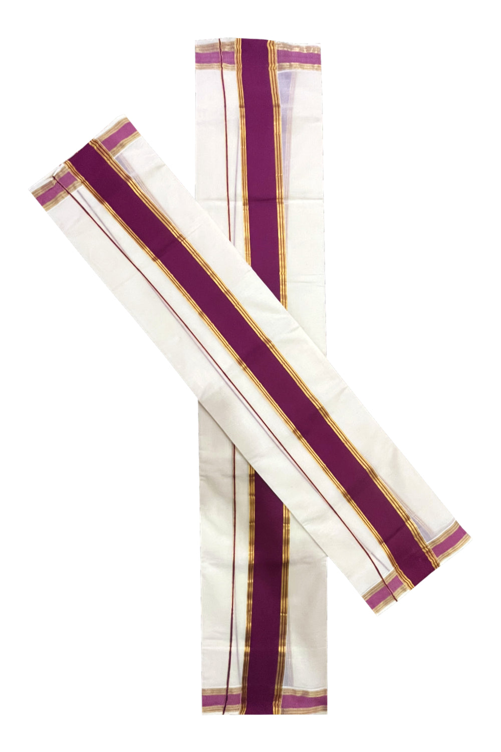 Kerala Cotton Single Set Mundu (Mundum Neriyathum) with Purple and Kasavu Border 2.80 Mtrs