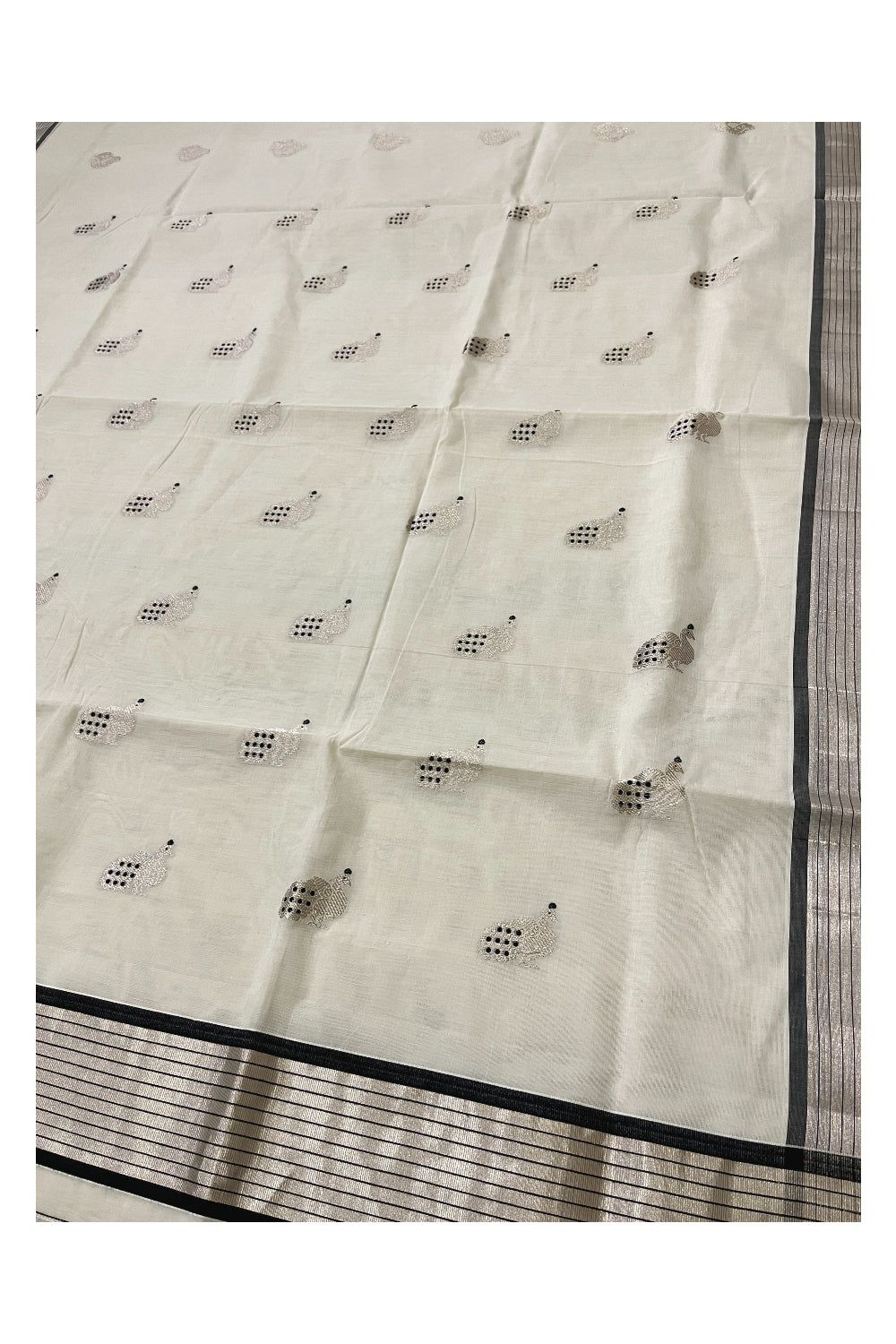 Southloom Handloom Premium Kerala Saree with Silver Kasavu Peacock Motifs