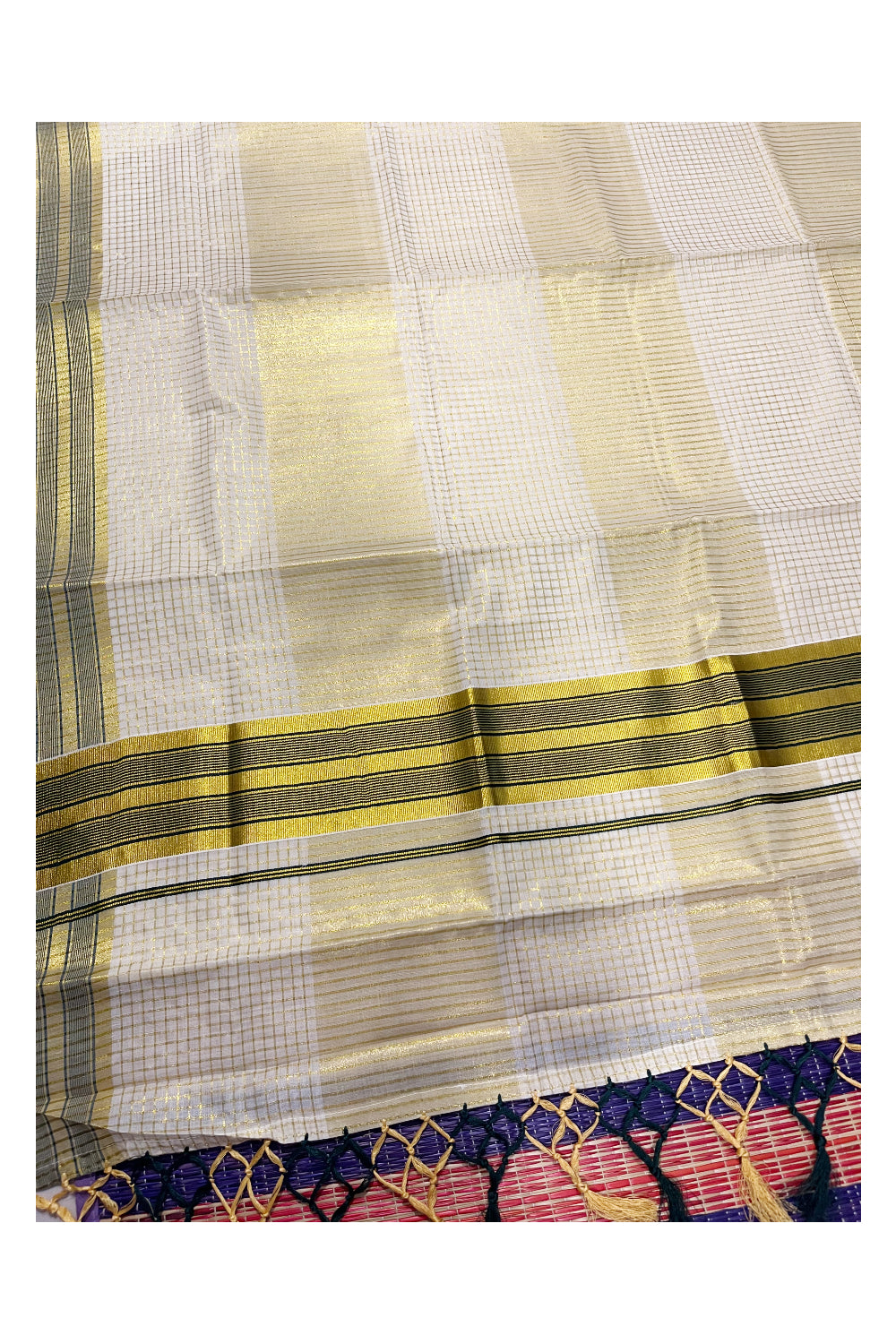 Pure Cotton Kerala Kasavu Check Saree with Green Border