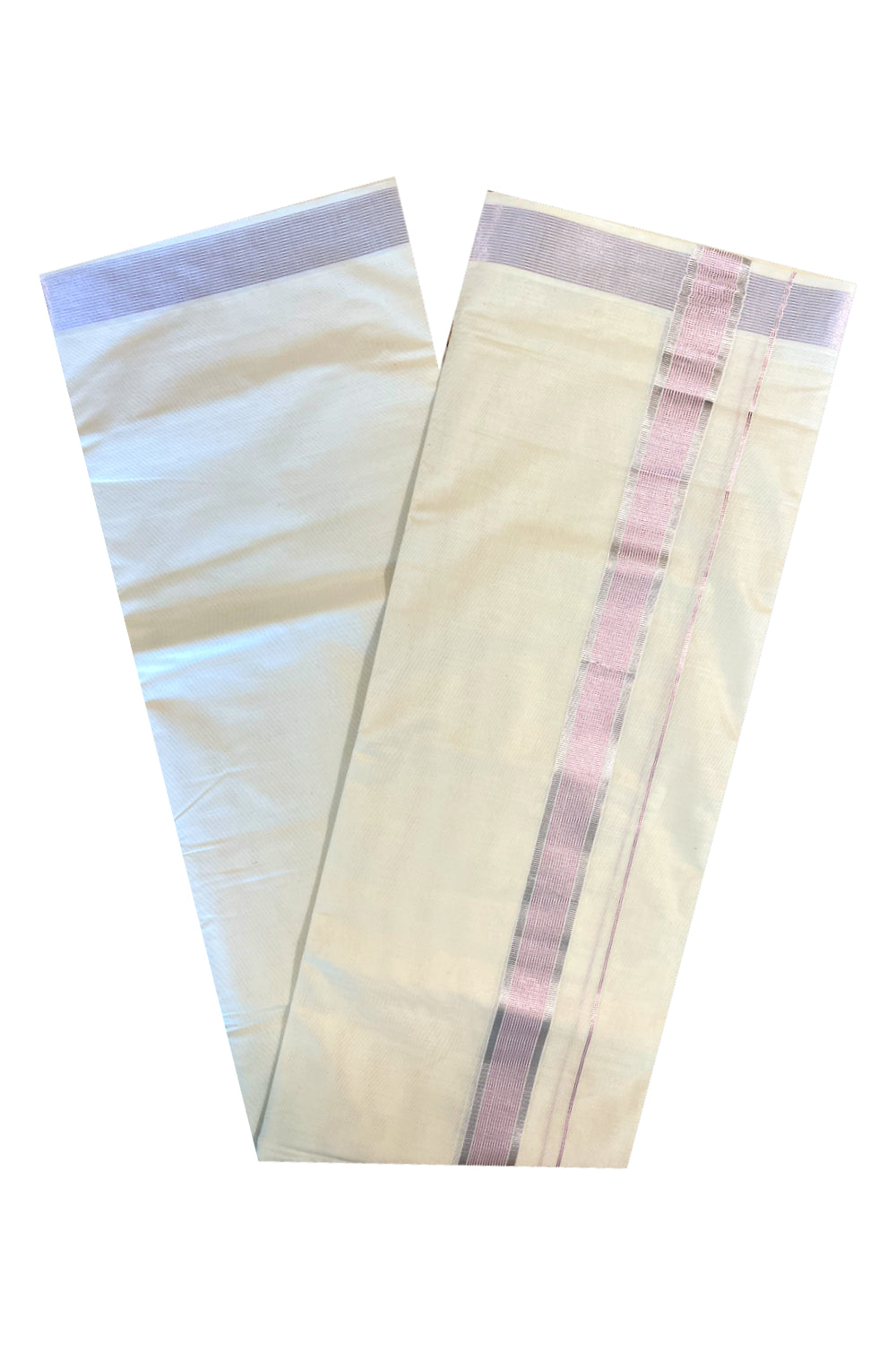 Off White Kerala Cotton Double Mundu with Silver Kasavu And Rose Copper Kasavu Lines Border (South Indian Dhoti)