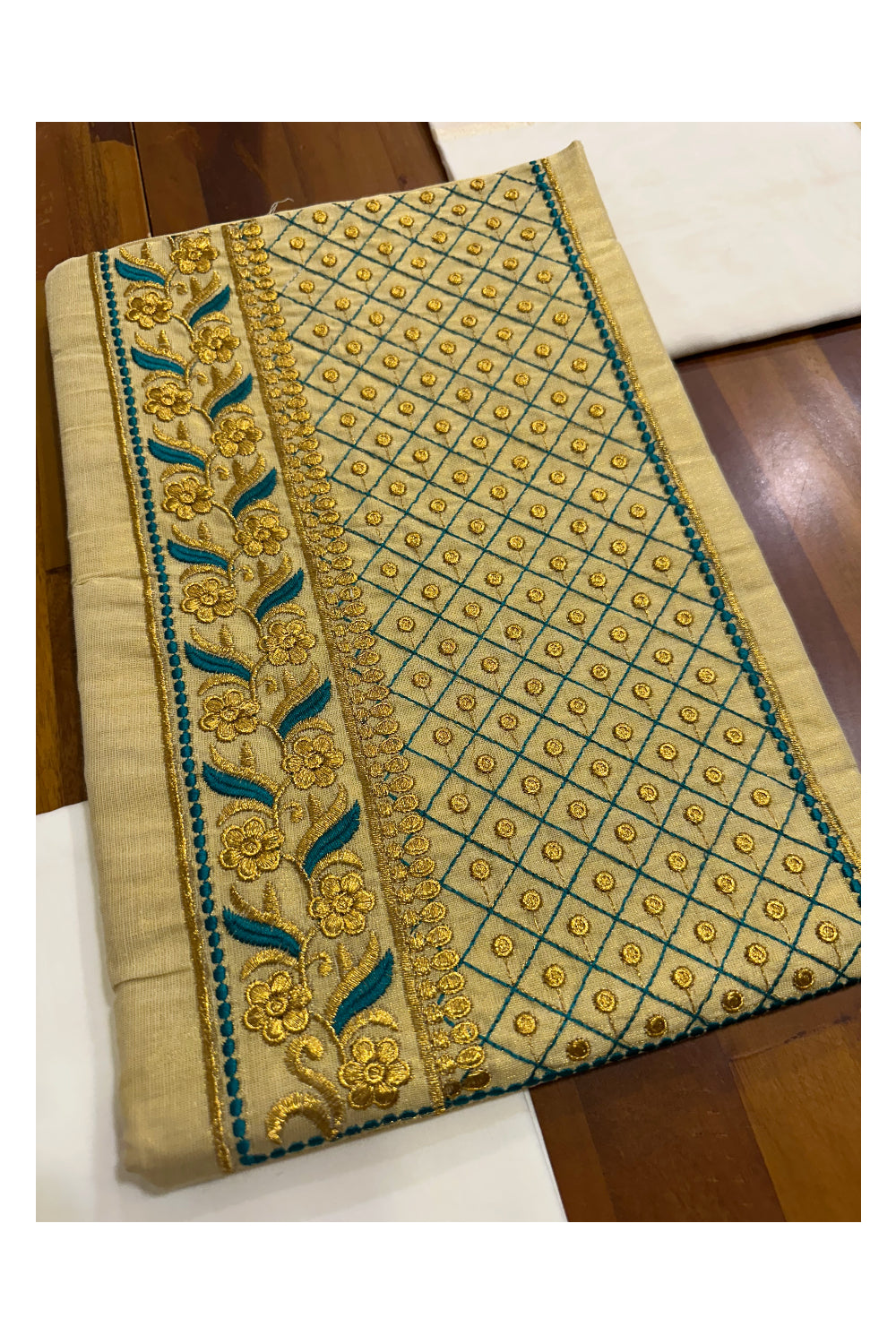 Southloom™ Tissue Churidar Salwar Suit Material with Blueishgreen And Gold Embroidery Work