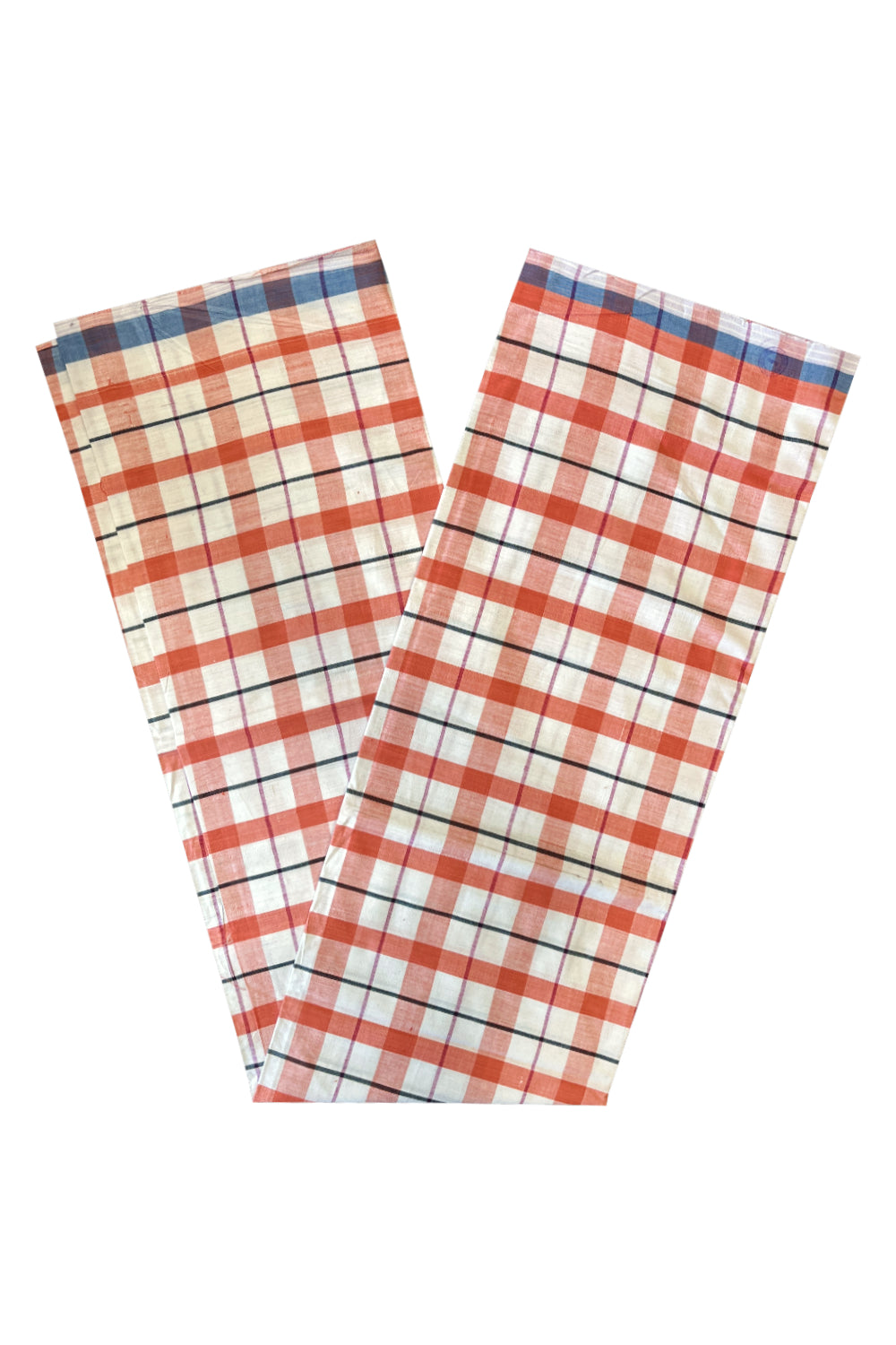 Southloom Premium Handloom White Single Mundu (Lungi) with Orange Black Check Designs