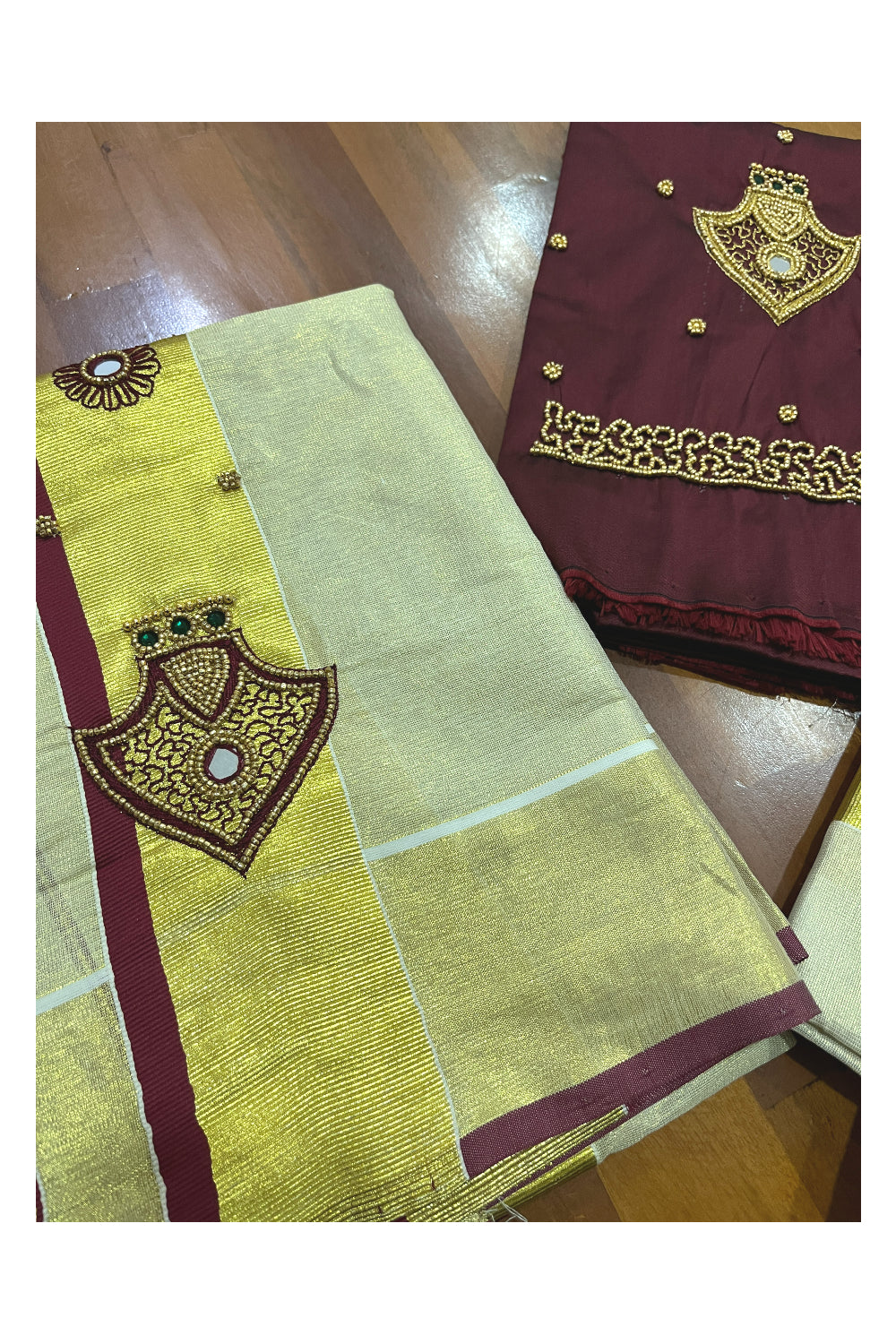 Kerala Tissue Kasavu Set Mundu (Mundum Neriyathum) with Handwork Design and Maroon Blouse Piece